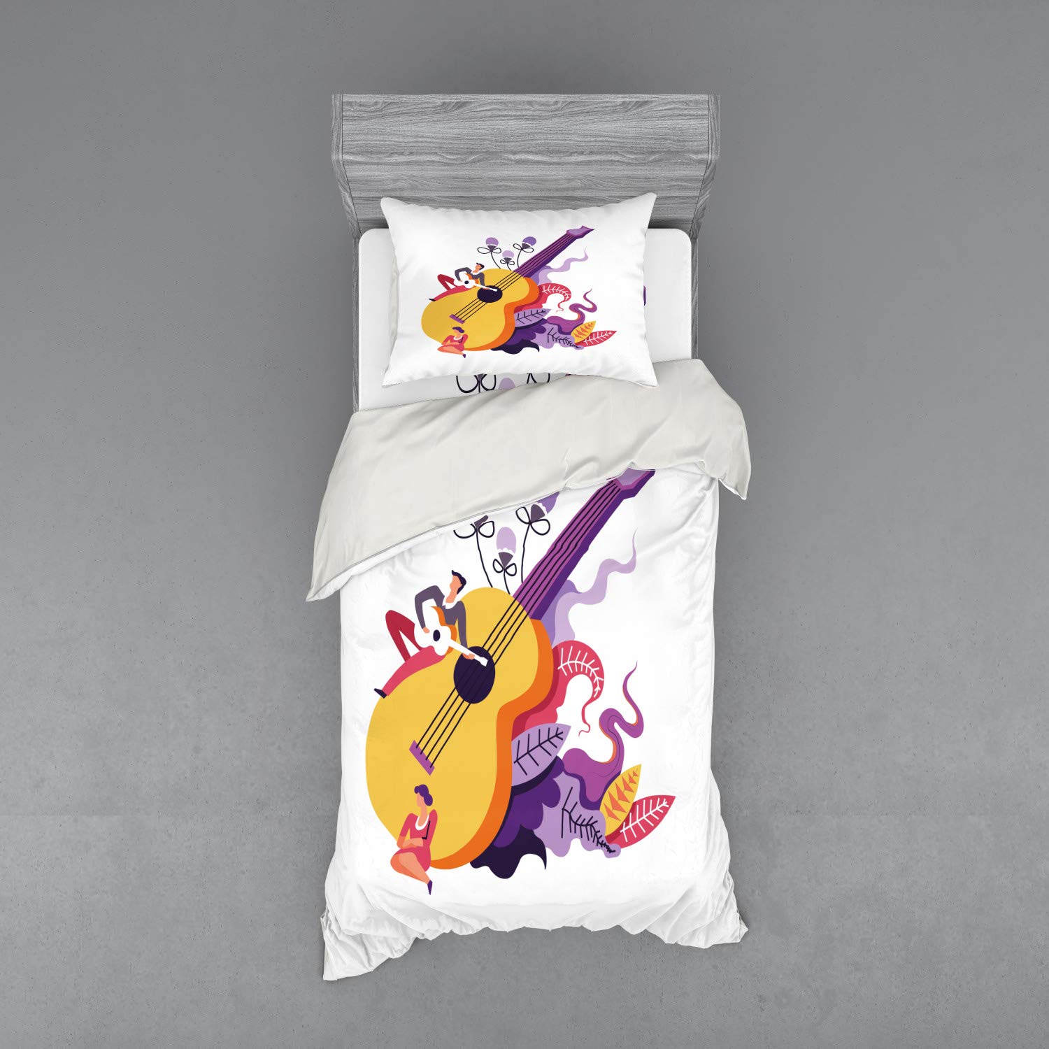 Ambesonne 3-Piece Music Themed Bedding Set - Twin Size Duvet Cover with Sham & Fitted Sheet, Guitarist Performance Design with Floral Patterns in Mustard & Multicolor - Perfect for Musicians' Bedrooms, Dorm Rooms & Music Lovers' Home Decor
