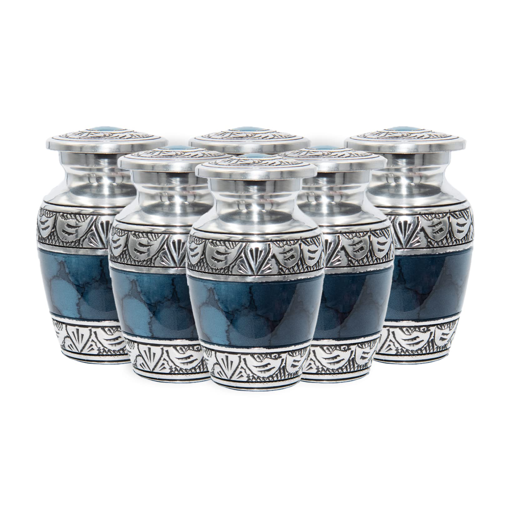 Elegant Blue and Silver Cremation Urns Set of 6 with Velvet Bags - Memorial Keepsake Urns for Ashes - Perfect for Funeral Services, Home Memorials & Pet Remembrance