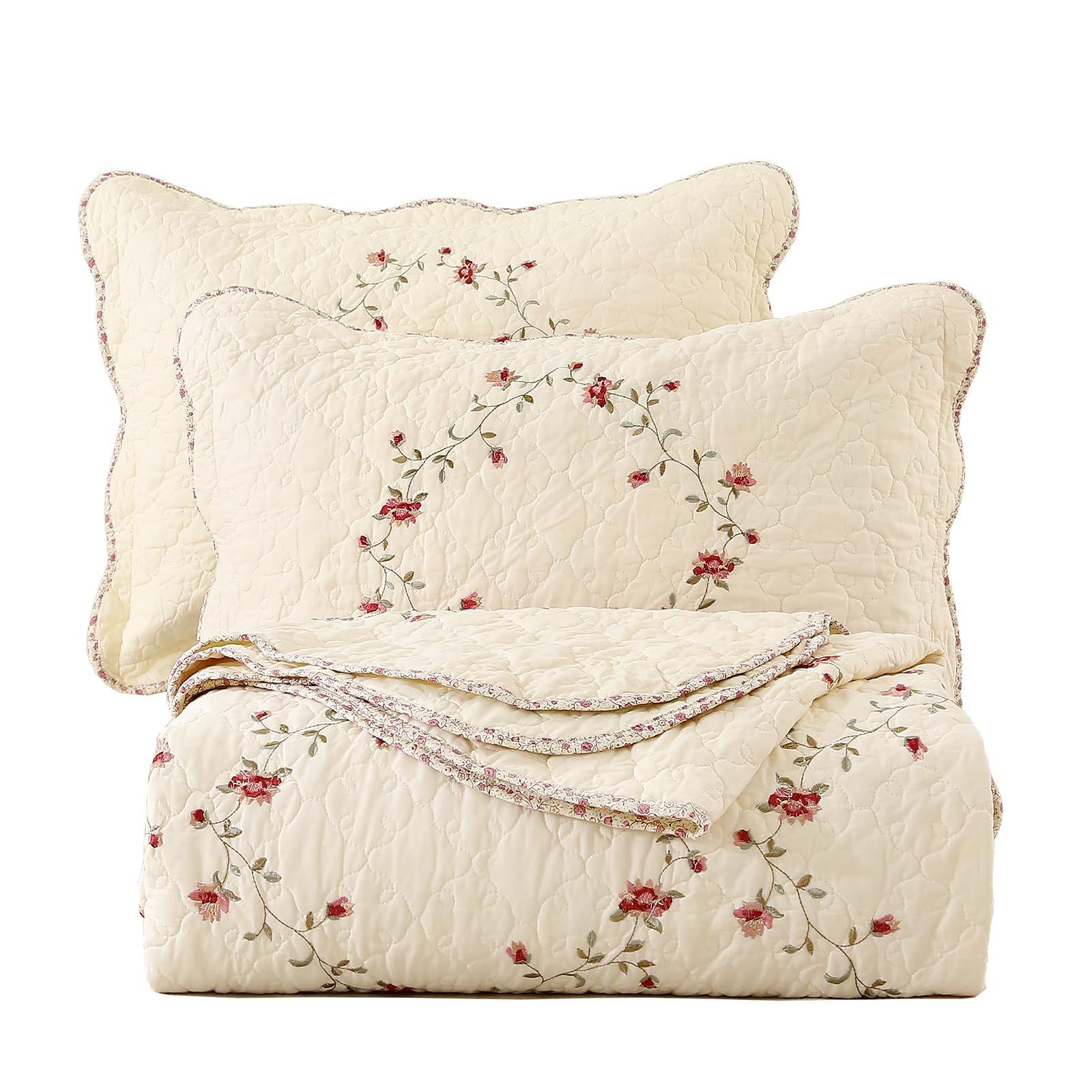 VCTOPS 3-Piece Floral Embroidered Bedspread Coverlet Set - King Size 100% Cotton Reversible Patchwork Quilt with 2 Pillow Shams (Flower Pattern) | Soft & Breathable Bedding for Master Bedroom, Guest Room & Dorm Decor