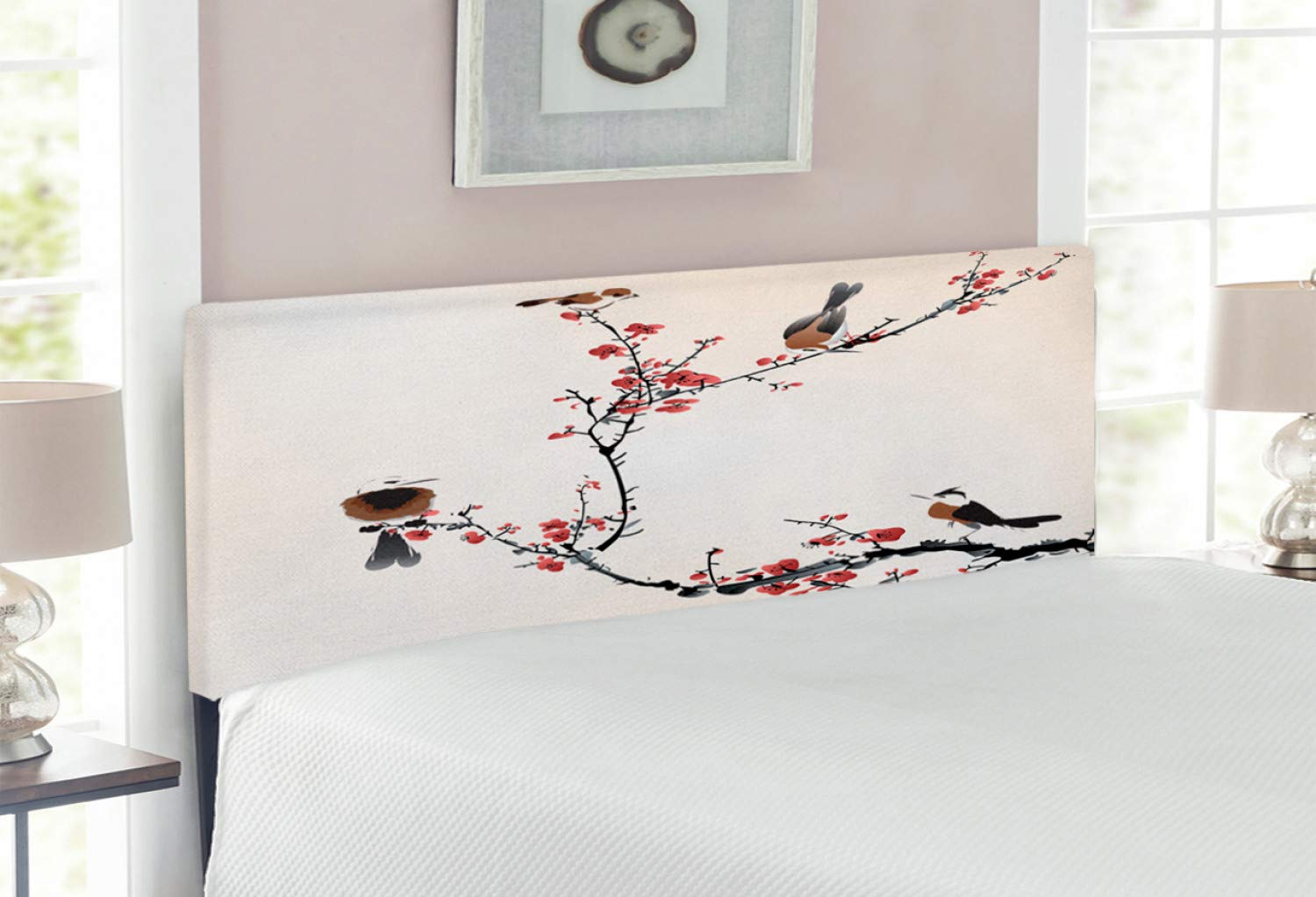 Ambesonne Nature Headboard - Birds on Cherry Summer Classic Oriental Illustration Pastel Design, Upholstered Decorative Metal Bed Frame with Memory Foam, Full Size (Ruby Pale Caramel) - Perfect for Bedroom Decor & Guest Room Styling