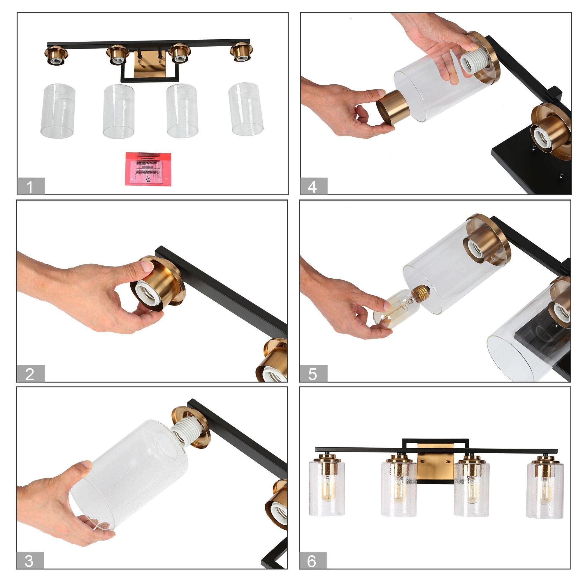 ZEVNI Modern Bathroom Vanity Light Fixture - 4-Light Black Gold Wall Sconce with Seeded Glass Shades for Mirror Lighting, 28