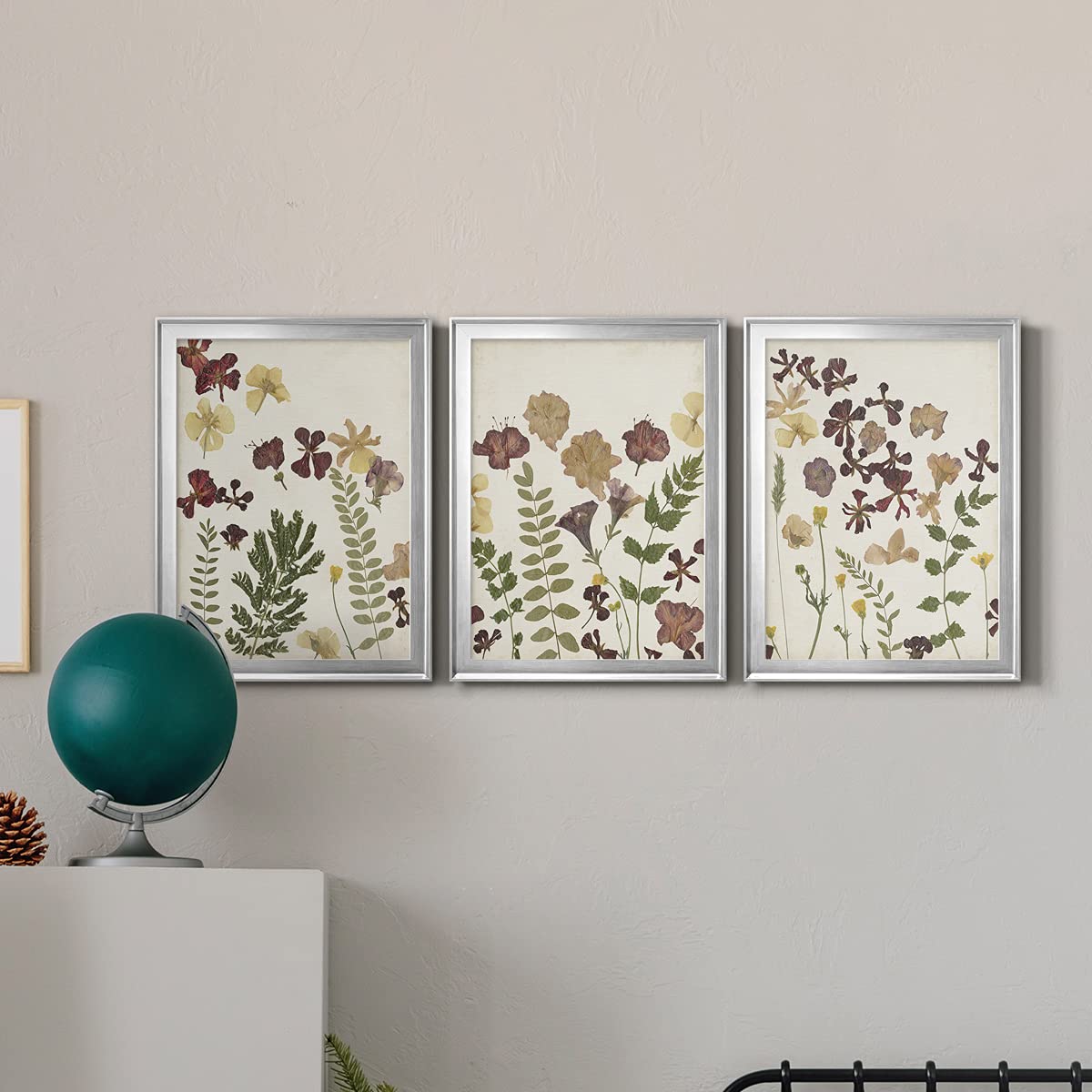 Silver Framed Canvas Wall Art Set - 3-Piece Floral & Animal Pressed Flower Arrangement (18x24 Inches Each) | Italian Art Deco Style for Living Room Décor | Perfect for Home, Office & Gift Giving