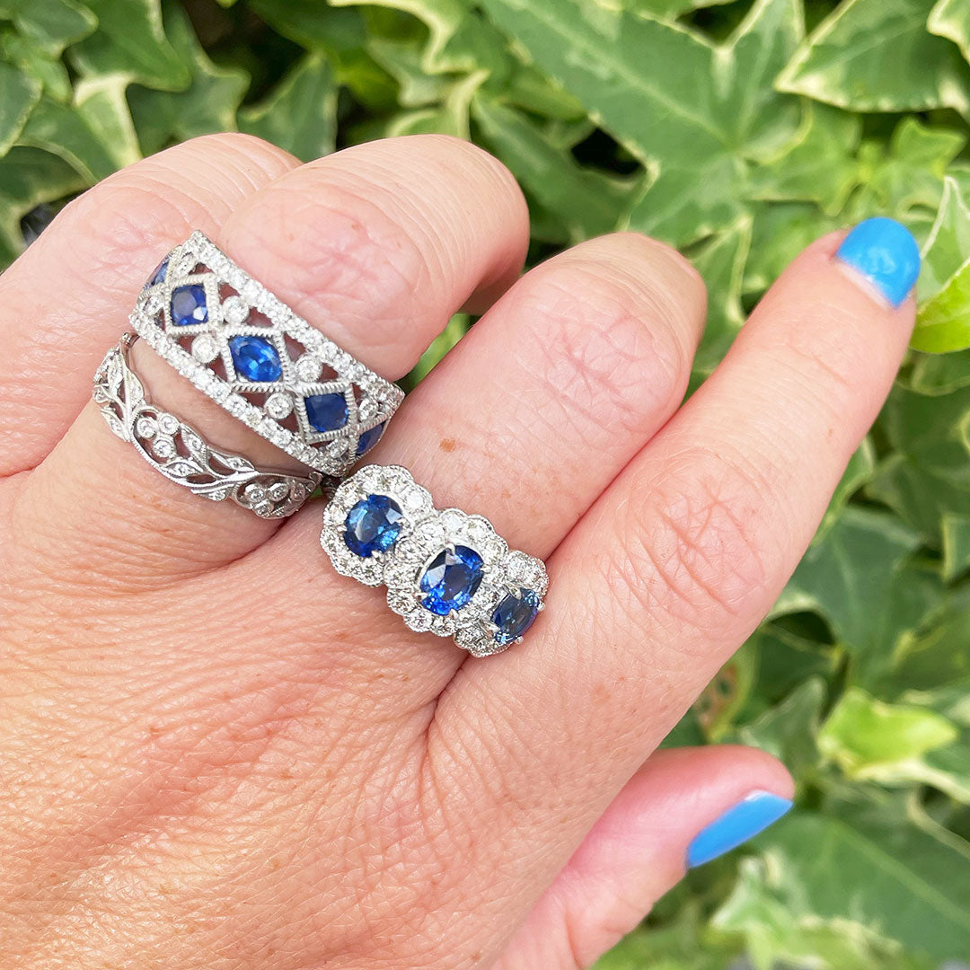 Three Stone Oval Sapphire & Diamond Halo 14K White Gold Engagement Ring for Women - Perfect for Proposals, Anniversaries & Special Occasions