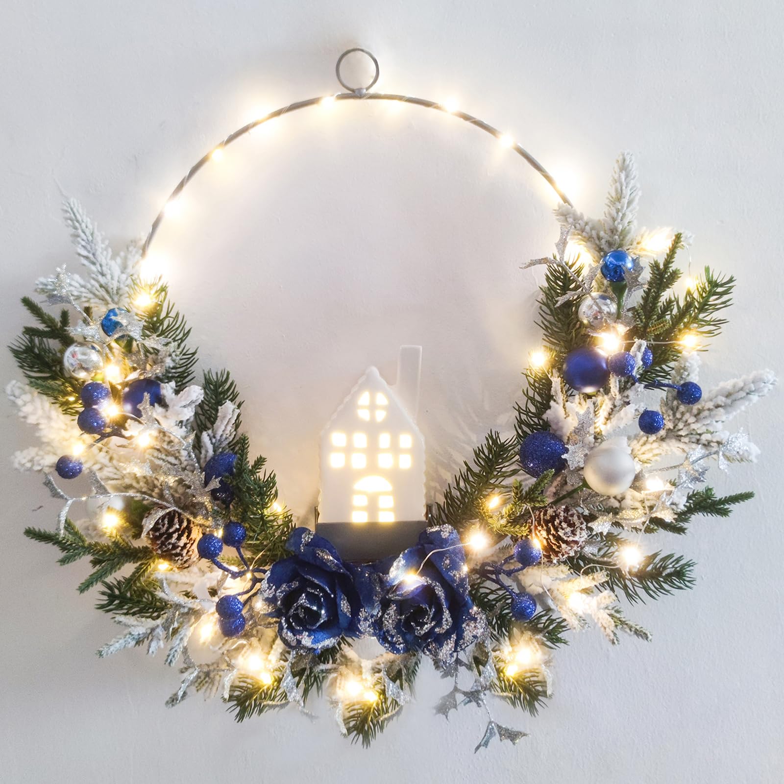 Blue Silver LED Christmas Hoop Wreath with Lighted House - 18 Inch Farmhouse Winter Wreath for Front Door - Holiday Porch Decor & Modern Mantel Decoration - Perfect for Christmas, Winter Home Decor & Gift Giving