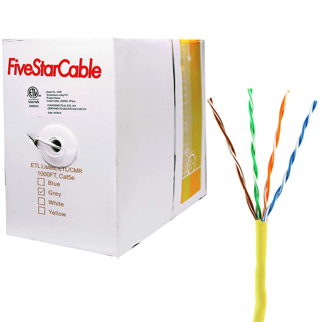 1000ft Cat5e Ethernet Cable - CMR Riser Rated, Solid Bare Copper UTP, High-Speed POE for IP Security Camera Systems & Network Installations - Yellow PVC Twisted Pair Cable - Ideal for Office, Home & Commercial Networking