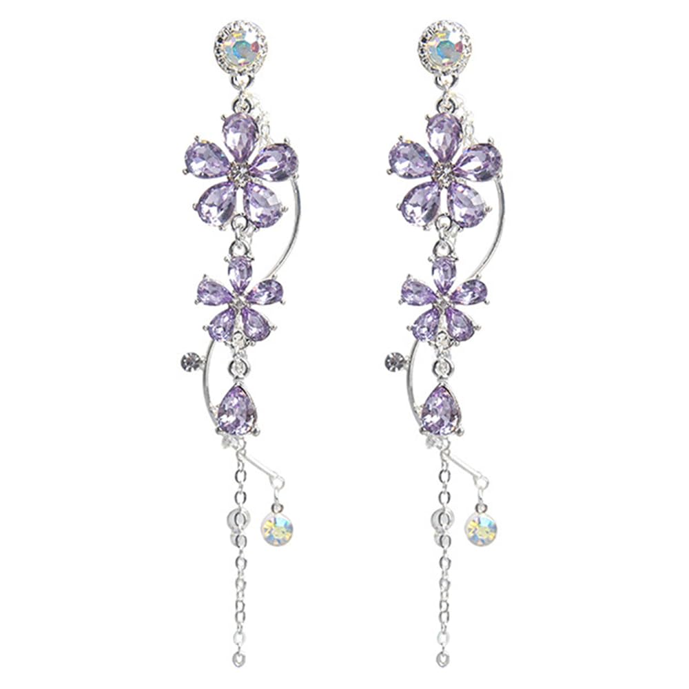 Xerling Crystal Wedding Flower Drop Earrings for Women – Elegant Long Purple Flower Tassel Dangle Earrings with Rhinestones | Perfect for Bridal, Prom, Evening Party & Special Occasions