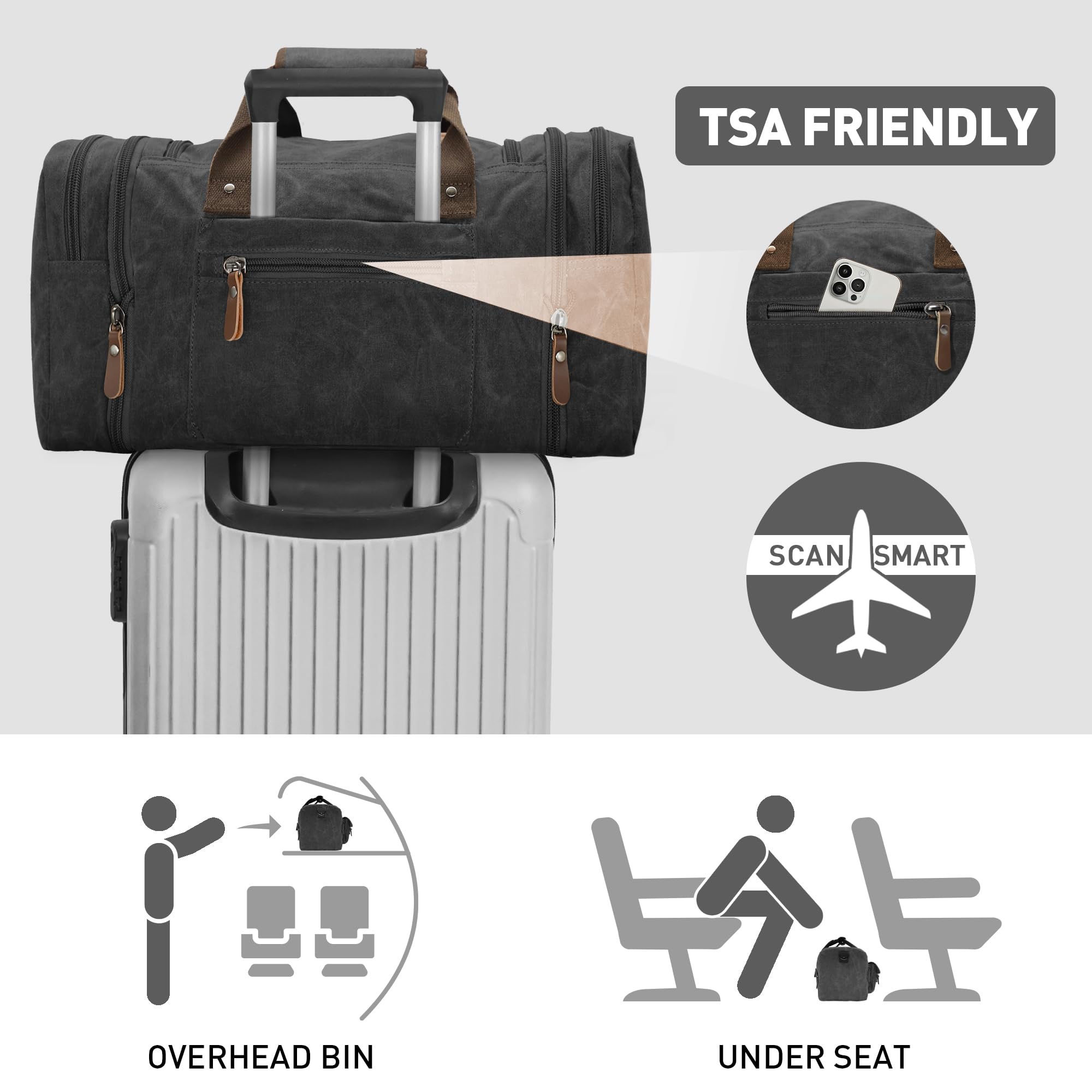 Wildroad 60L Expandable Waxed Canvas Duffle Bag - Genuine Leather Weekender Overnight Carry On Travel Bag (Vintage Black, X-Large) - Perfect for Business Trips, Gym, Camping & Weekend Getaways