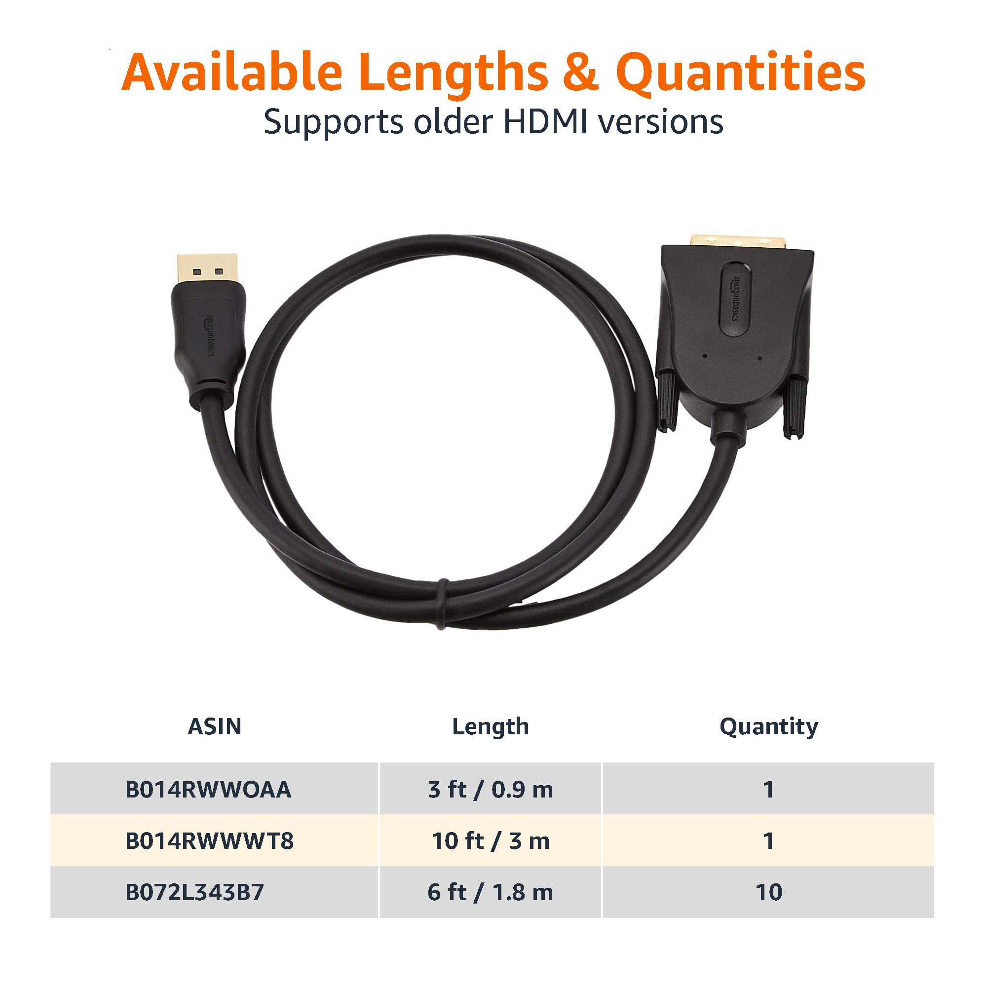 Amazon Basics 10-Pack DisplayPort to DVI Cable - 6ft Black Gold-Plated 1080p@60Hz 1920x1080 Resolution - High-Speed Video Connection for PC, Laptop, Monitor, Gaming & Home Theater Setup