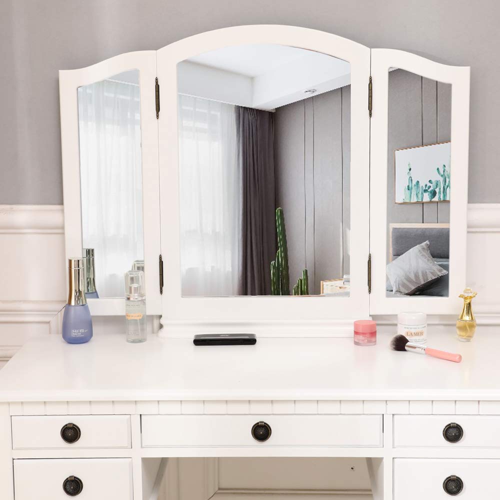 White Vanity Set with Stool - 5-Drawer Dressing Table & Tri-Folding Mirror Makeup Desk for Bedroom, Cushioned Stool Included (Adult Size) | Perfect for Cosmetics Organization, Beauty Routine & Home Decor