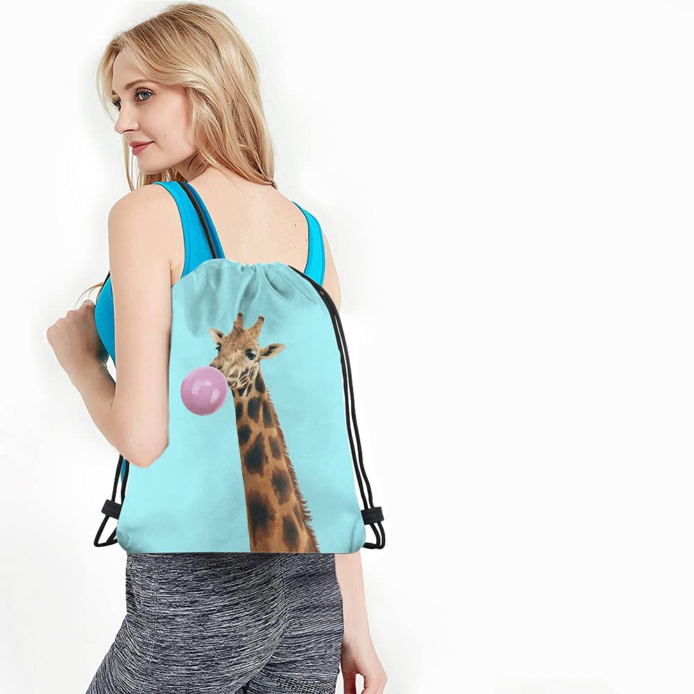 Funny Giraffe Drawstring Backpack - Adorable Animal Print Gym Sack for Men & Women | Perfect for Yoga, Sports, Travel & Beach | Cool Blue Wild African Design with Bubble Gum Theme
