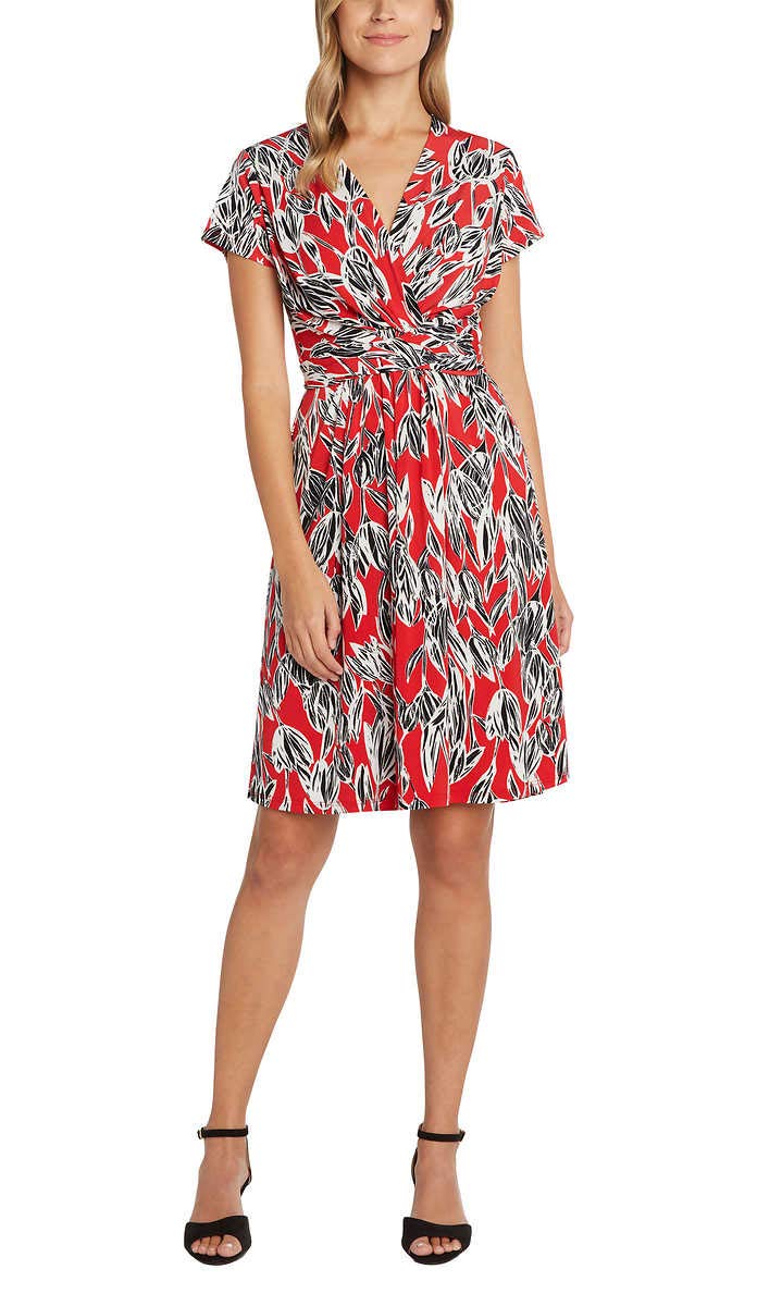 Matty M Women's Wrap Front Short Sleeve V-Neck Summer Dress - Casual Flowy Midi Dress for Beach, Vacation & Everyday Wear