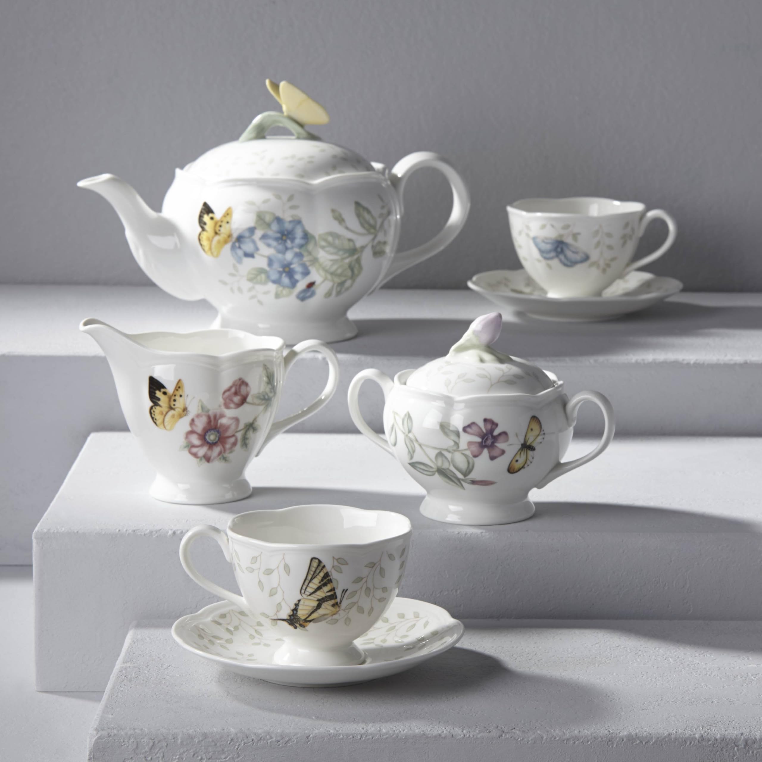 Lenox Butterfly Meadow 8-Piece Tea Set for 2, Porcelain White Floral Tea Cups & Saucers - Perfect for Afternoon Tea, Bridal Shower & Mother's Day Gifts