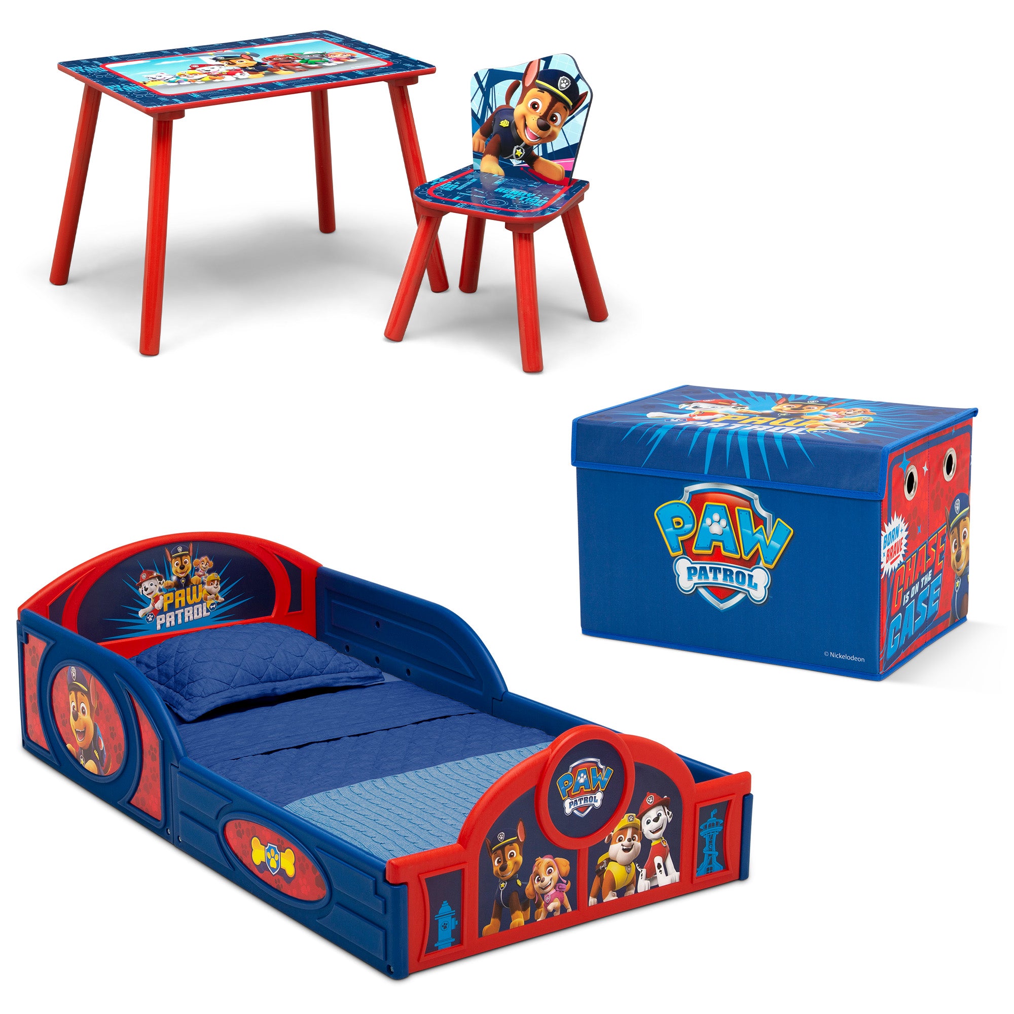Paw Patrol 4-Piece Toddler Room Set - Includes Toddler Bed, Table, Chair & Fabric Toy Box for Kids' Bedroom Decor & Playroom Organization