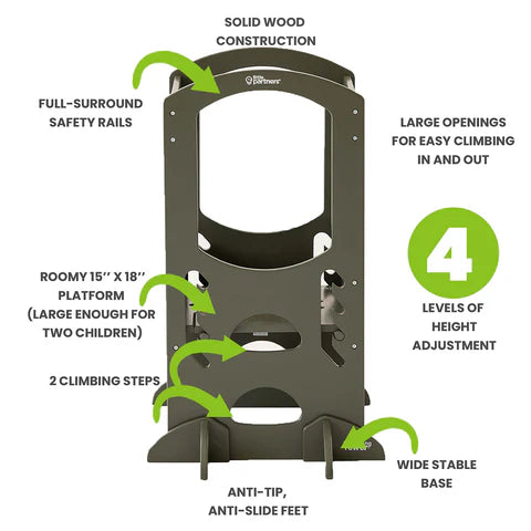 Montessori Learning Tower for Toddlers - Adjustable Height, Olive Green - Perfect for Kitchen Helper, Baking & Learning Activities