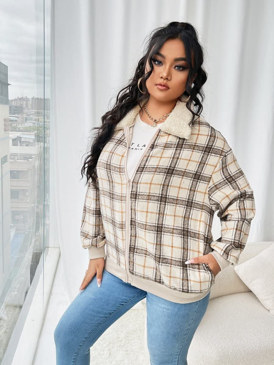 TINMIIR Women's Plus Size Plaid Print Borg Collar Drop Shoulder Overcoat - 0XL Multicolor | Stylish Winter Coat for Office, Dating & Outdoor Activities