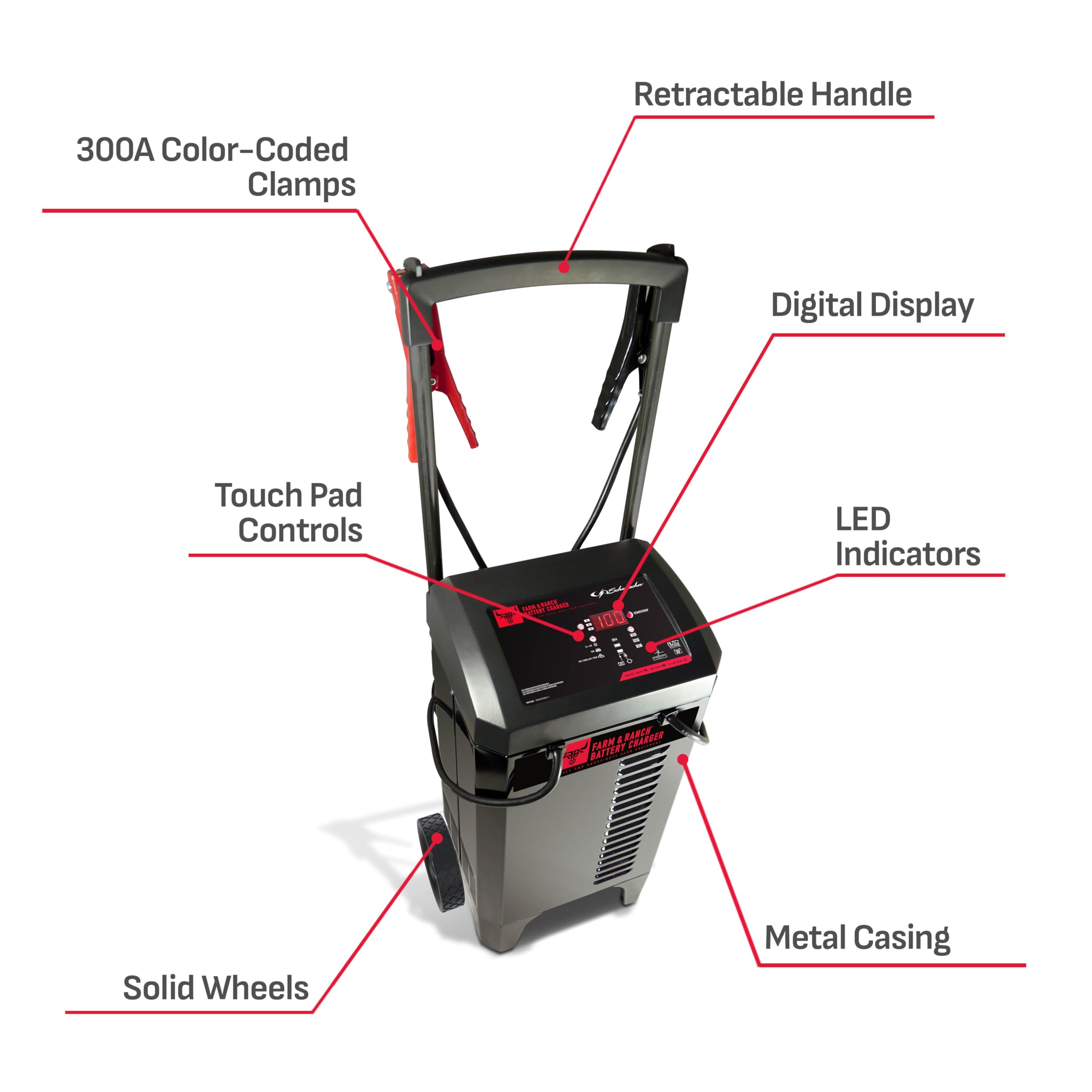 Schumacher FR01336 4-in-1 Automatic Wheeled Battery Charger & Engine Starter - 250A Cranking Power, 50A Boost, 6V/12V for Cars, Trucks, Boats - Ideal for Farm, Ranch & Emergency Roadside Use