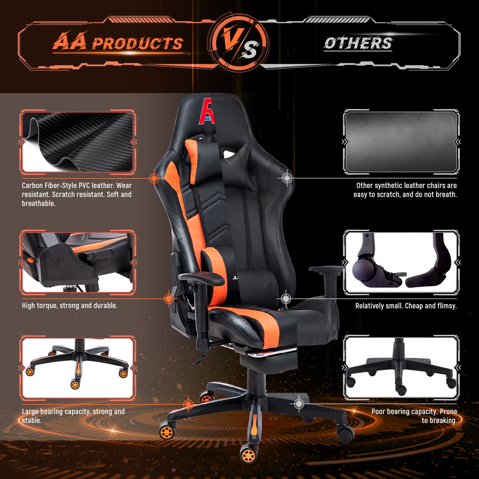 Ergonomic Gaming Chair with High Back, Lumbar Support & Footrest - Adjustable Racing Style Computer Office Chair for PC Gamers & Home Workstations (Black/Orange) - Perfect for Esports, Streaming & Long Work Sessions