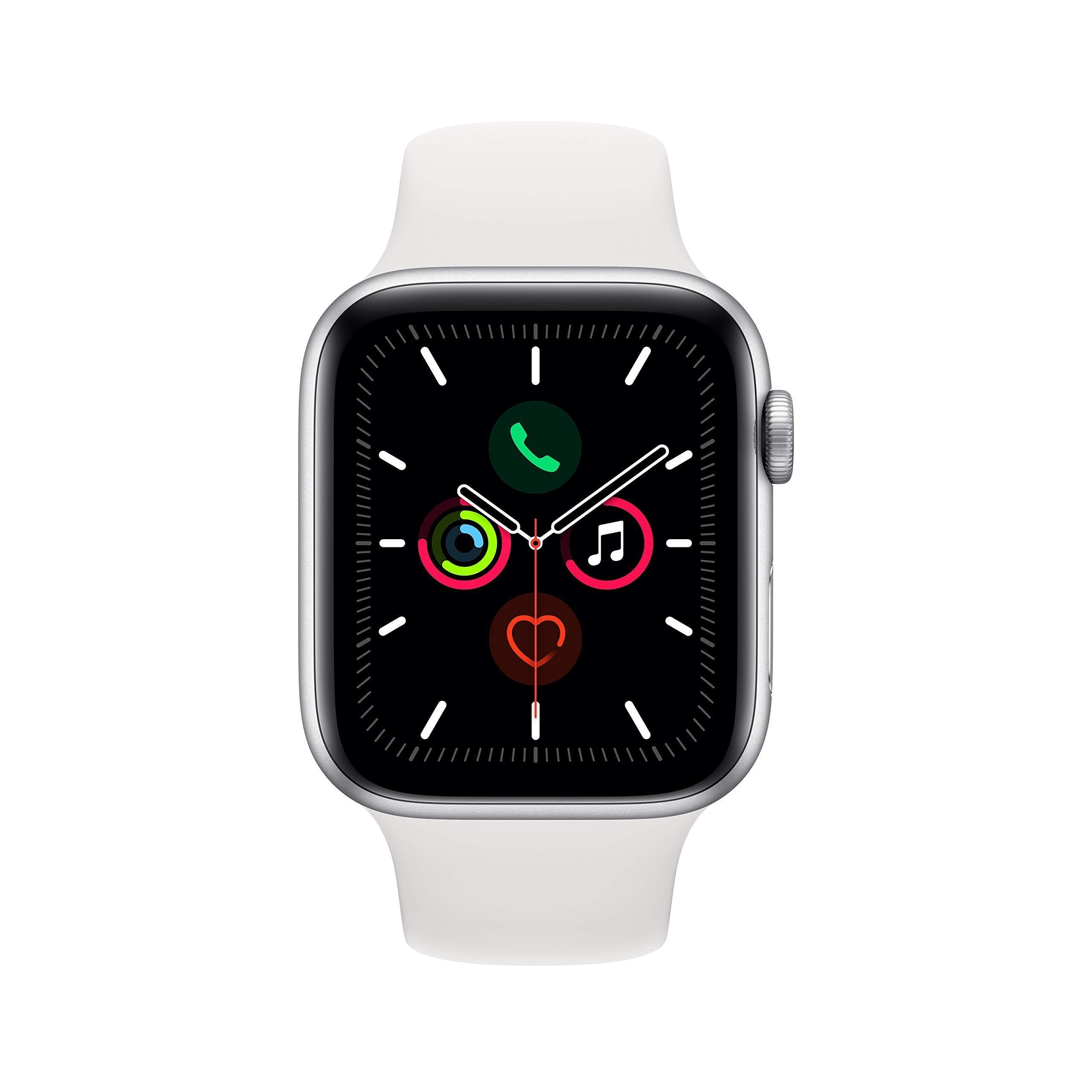 Refurbished Apple Watch Series 5 GPS 44mm - Silver Aluminum Case with White Sport Band | Smart Fitness Tracker for Running, Swimming & Daily Activity Tracking