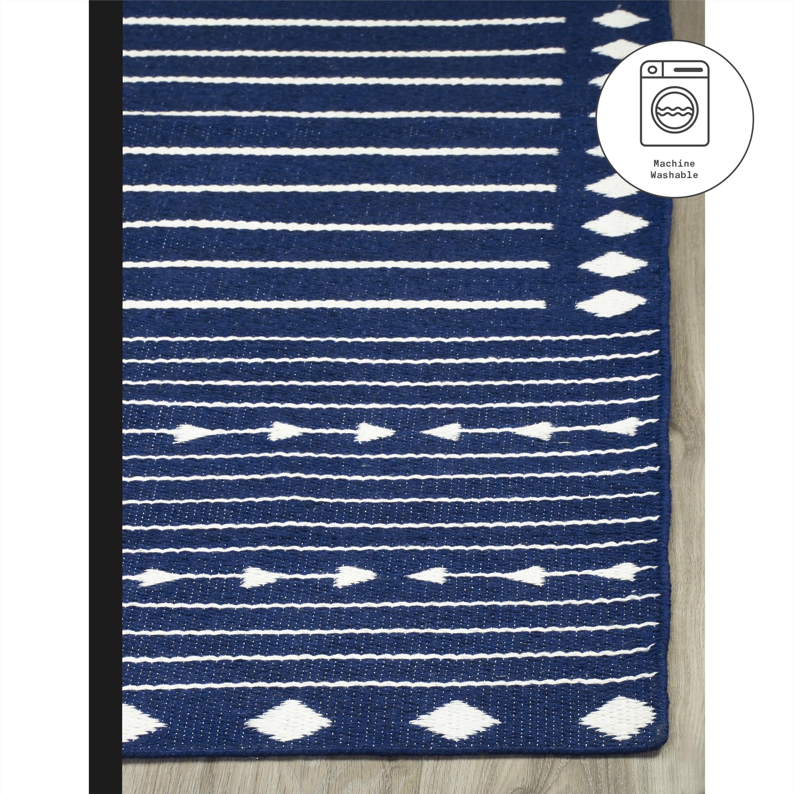 Fab Habitat Machine Washable Area Rug - Hand Woven, Stain & Pet Friendly, Reversible - Premium Recycled Polyester Yarn - Aztec Kilim Design - Navy/White - 4x6 ft - Perfect for Bedroom & Living Room Decor - Durable Floor Covering for High Traffic Areas