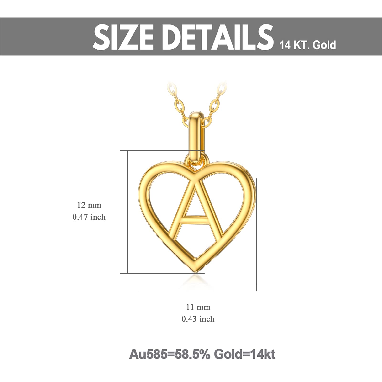 14K Solid Gold Heart Initial Necklace for Women - Personalized Letter A Pendant with 18