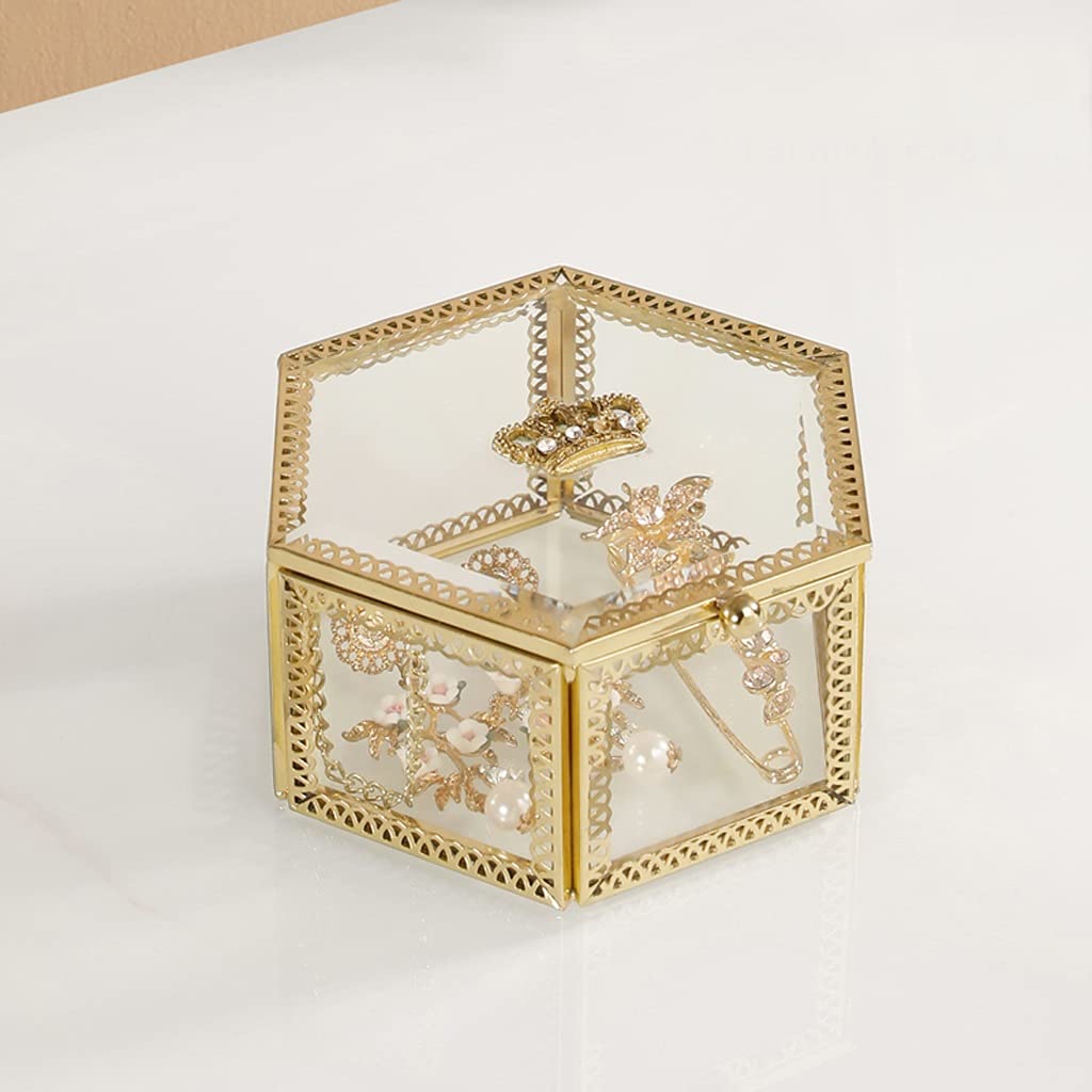 Geometrical Clear Glass Jewelry Box - Elegant Jewelry Organizer with Lid, Tabletop Storage Container for Rings, Necklaces & Earrings - Perfect for Bedroom, Bathroom & Travel (Color: B)