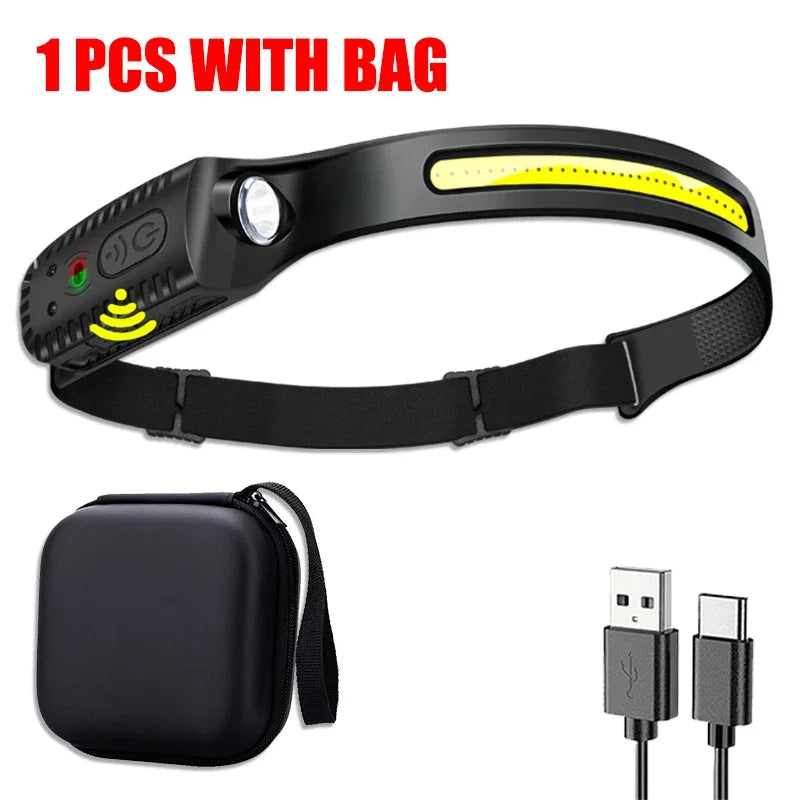 USB Rechargeable LED Sensor Headlamp - XPE+COB Bright Headlight with Motion Detection, Adjustable Head Torch for Camping, Hiking, Fishing & Outdoor Activities | Waterproof Flashlight for Night Work & Emergency Use