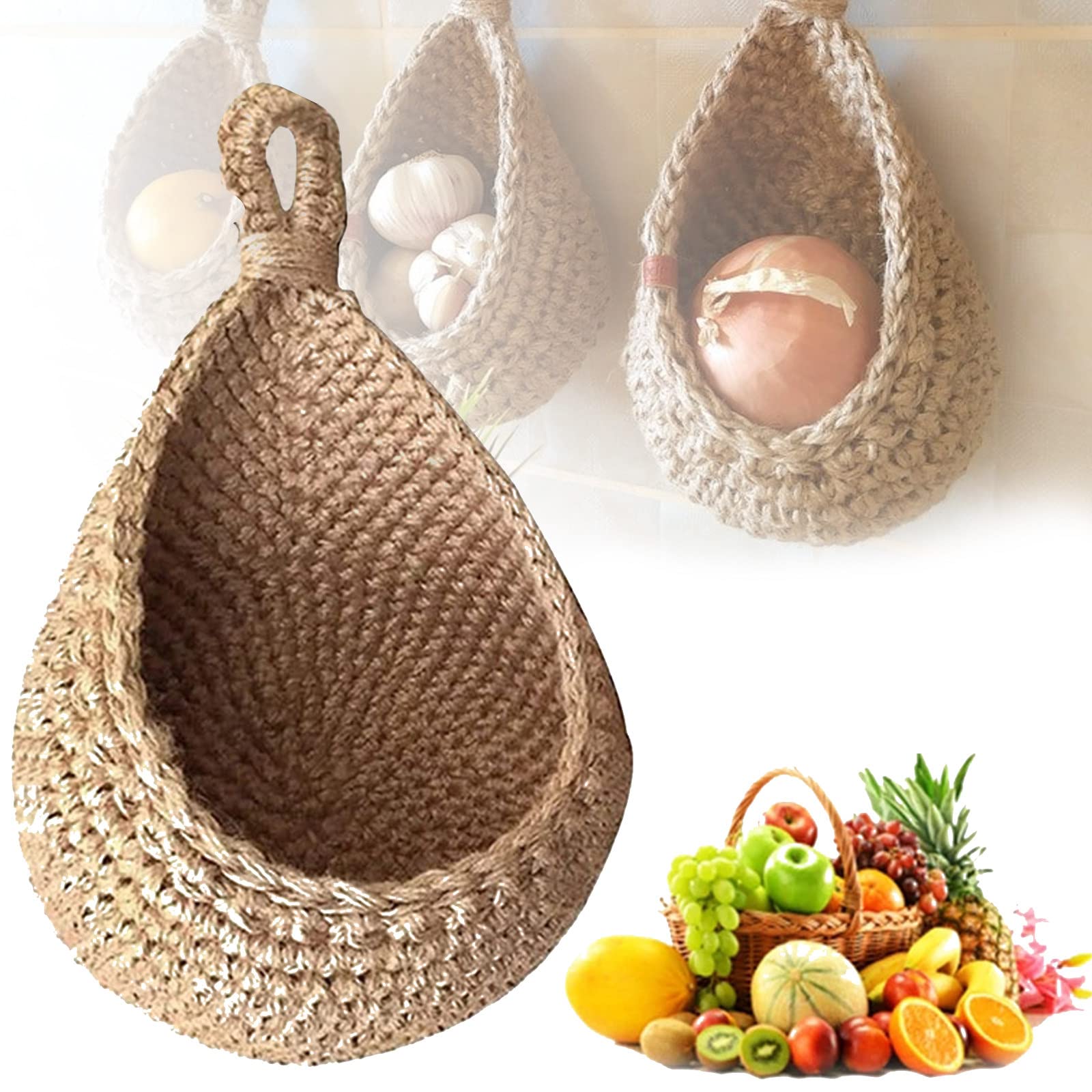 Eco-Friendly Handmade Jute Hanging Wall Basket - Teardrop Kitchen Storage Organizer for Fruits, Vegetables, Bread & Food | Perfect for Pantry, Farmhouse Decor & Small Space Organization