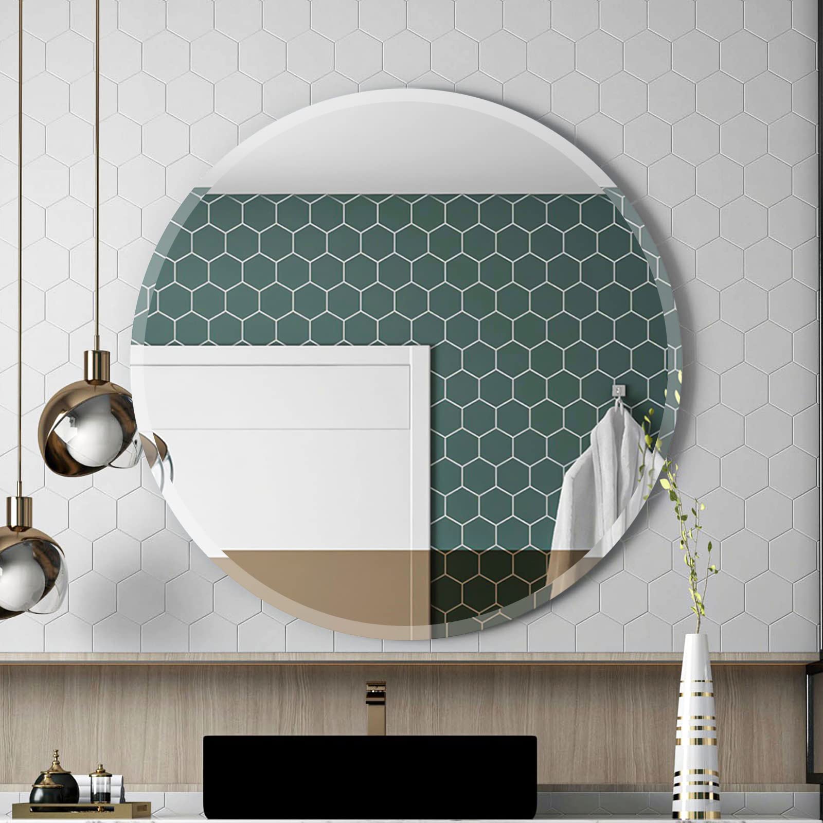 28 Inch Frameless Round Mirror with 1 Inch Beveled Edge - Elegant Bathroom Vanity Mirror for Living Room, Entryway & Home Decor - Perfect for Makeup, Wall Decor and Space Enhancement