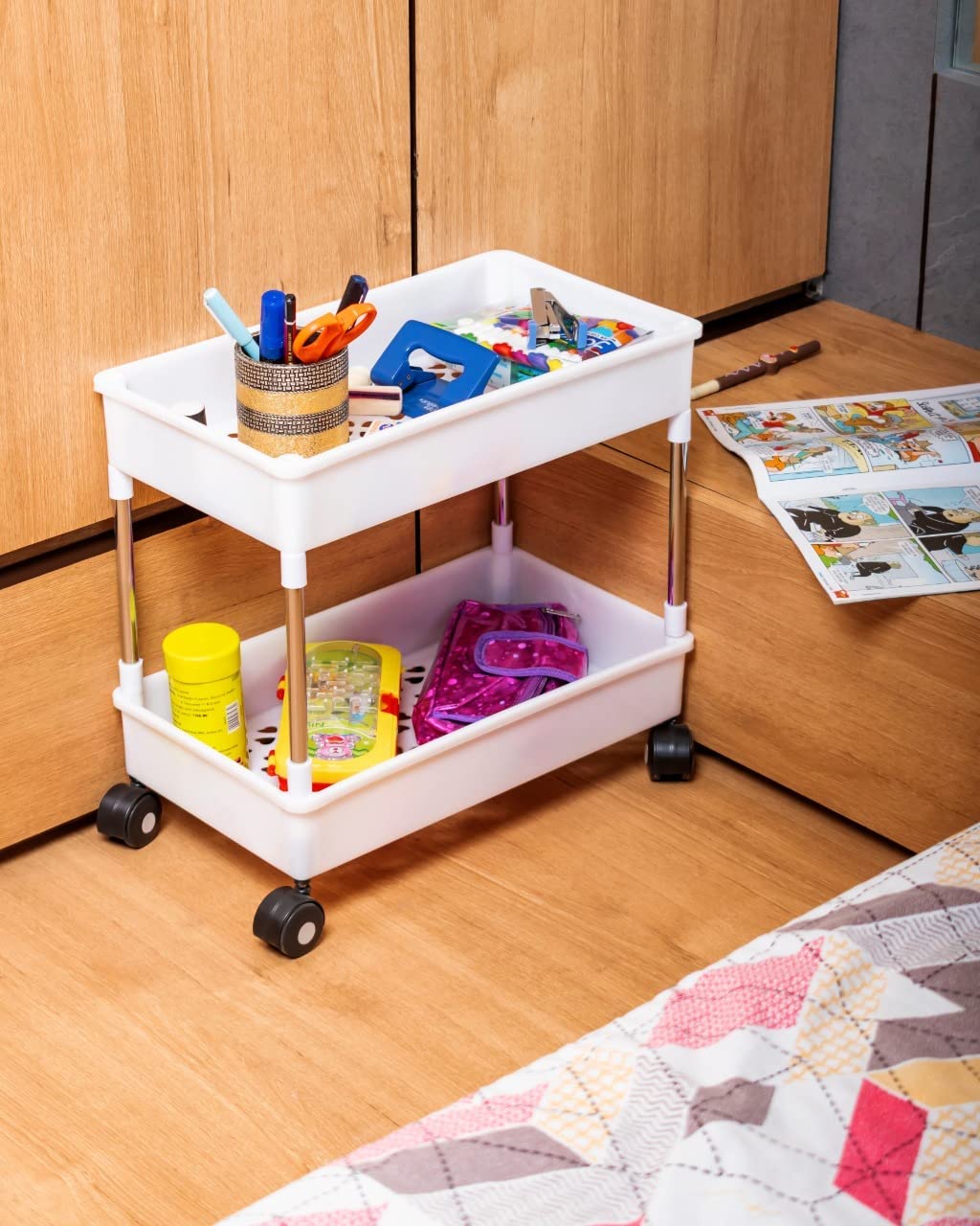 Privesh 2-Tier Plastic & Stainless Steel Kitchen Trolley - Fruit & Vegetable Basket, Onion Potato Storage Rack, Space-Saving Organizer for Kitchen Countertop or Pantry