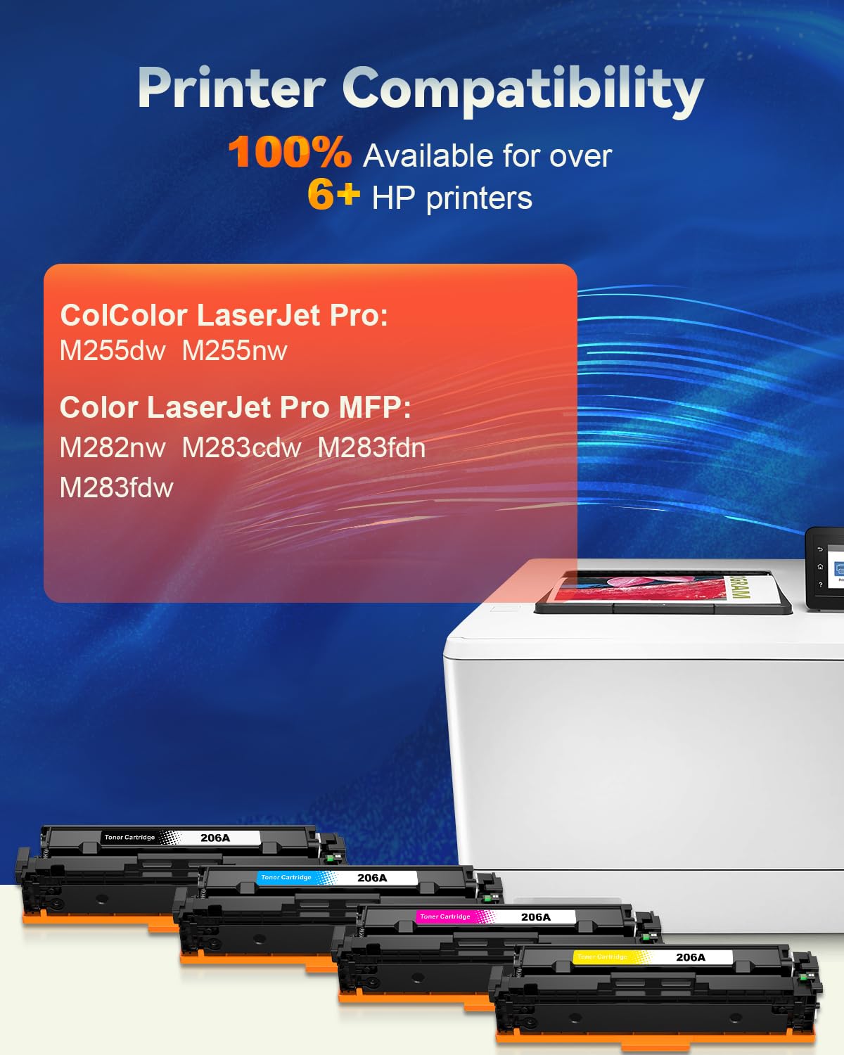 HP 206A 206X Toner Cartridge (4-Pack, B/C/Y/M) - Compatible with HP Color MFP M283fdw, M283cdw, M283 Pro, M255dw, M255 Series Printers - High-Yield Replacement Toner for Office & Home Printing Needs