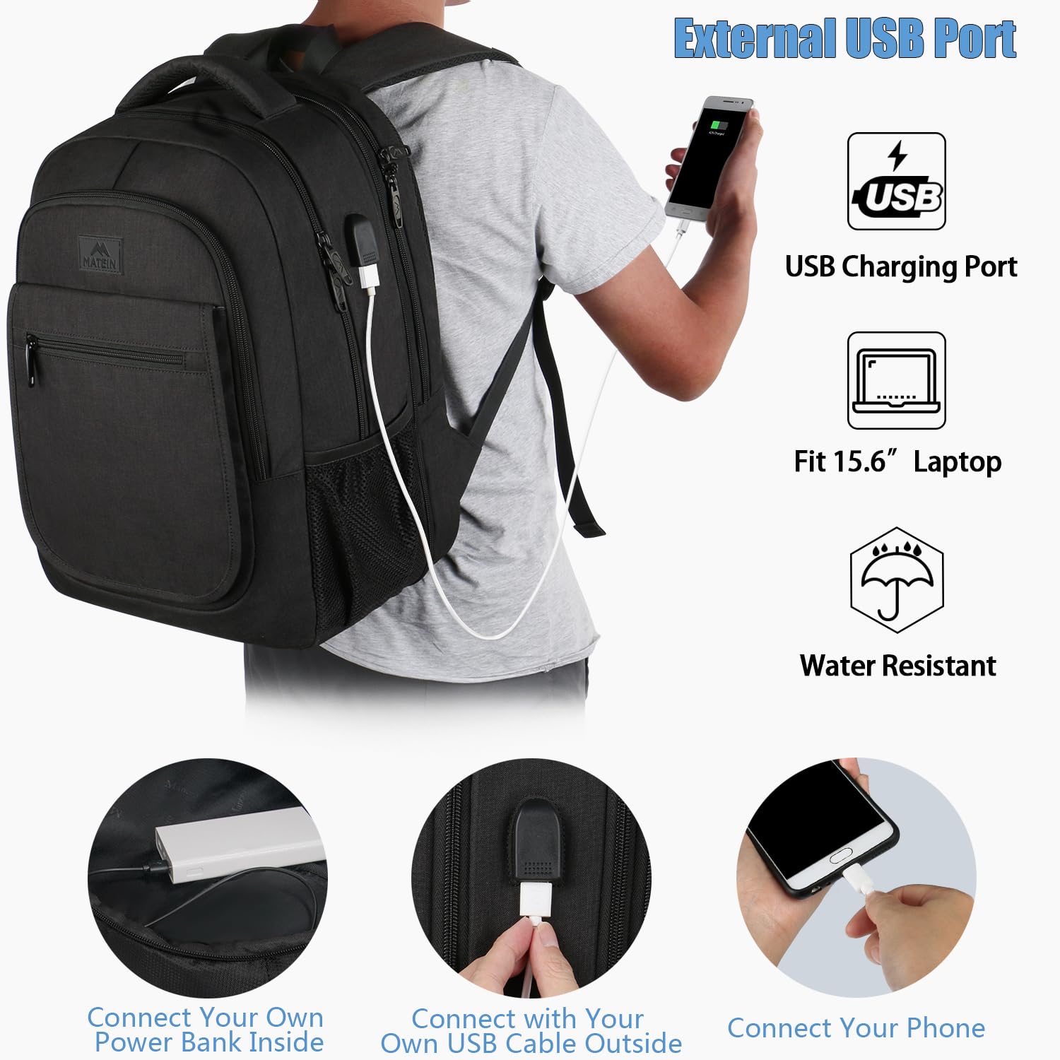 MATEIN Expandable 17.3 Inch Laptop Backpack with USB Charging Port - TSA Approved Anti-Theft Water Resistant Travel Backpack for College, Work & Commuting - Perfect Gift for Men & Women (Black)
