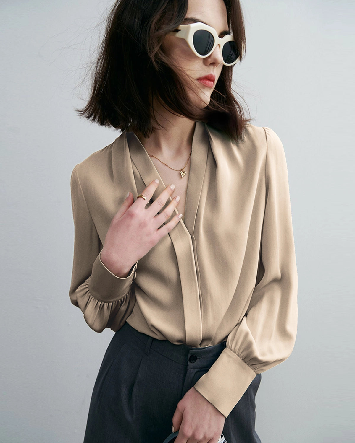 Elegant Deep V Neck Silk Blouse for Women - Luxury Satin Blouse for Office, Party & Date Night - Flowy Long Sleeve Silk Top for Professional & Evening Wear