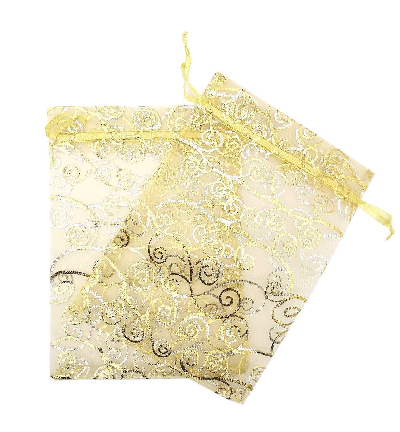 50Pcs Sheer Organza Gift Bags for Wedding Favors, Baby Shower, Party - Rattan Print Drawstring Pouches (4x6 Inches, Gold) | Elegant Packaging for Jewelry, Candies, Wedding Invitations & Party Favors