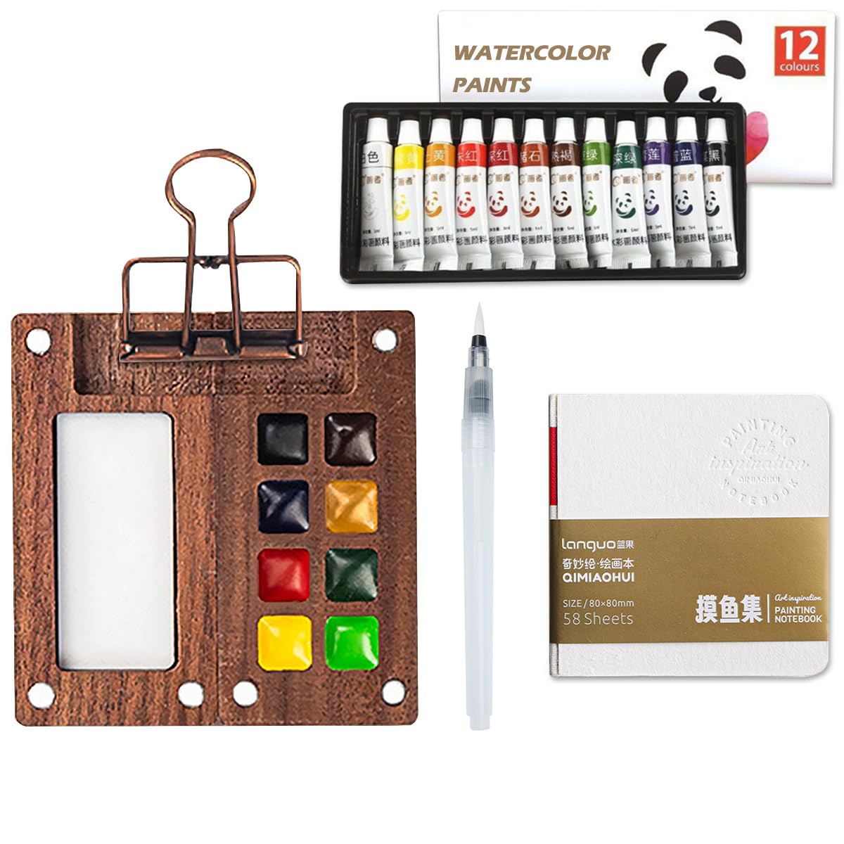 Portable Watercolor Travel Set - 12 Colors, 8 Grid Wooden Paint Palette with Clip | Compact Artist Painting Kit for Travel, Outdoor Sketching & Classroom Use | Perfect for Artists, Painters & Students