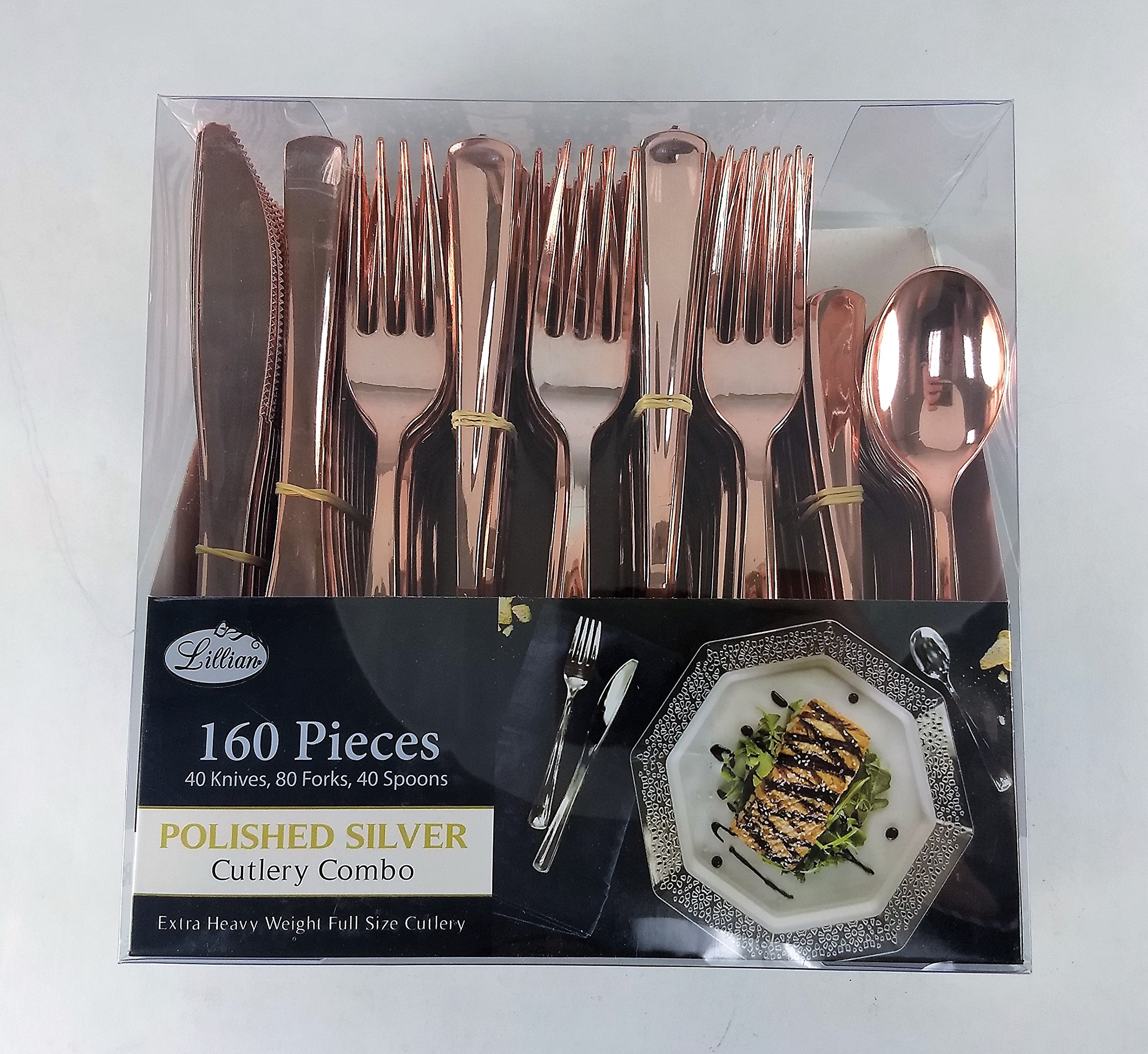 Premium Heavyweight Disposable Plastic Cutlery Set - 160-Piece Rose Gold Flatware Combo (80 Forks, 40 Spoons, 40 Knives) for Parties, Picnics, Catering & Events - Elegant Disposable Silverware Value Pack