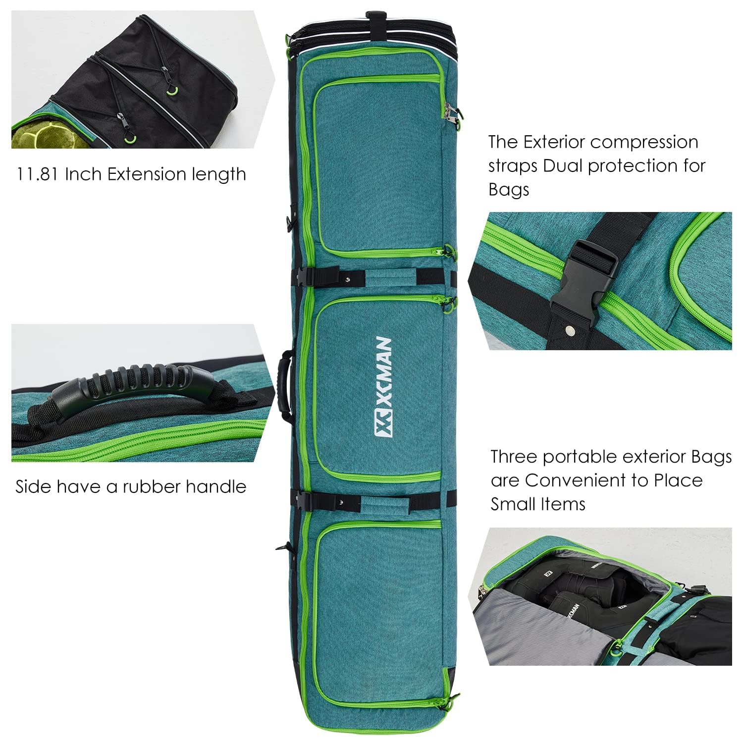 XCMAN Adjustable Length Roller Snowboard Bag with Wheels - Durable Travel Case for Snowboarding Gear - Perfect for Airports, Slopes & Winter Sports Trips