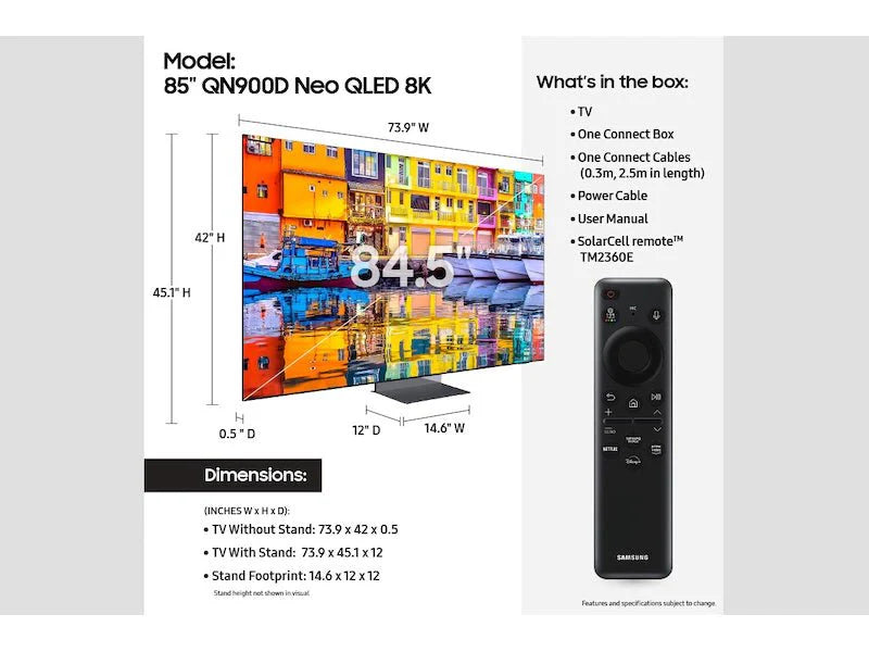 Samsung Neo QLED 8K Smart TV QN900D Series - 85 Inch 8K UHD HDR 120Hz Flat Screen with Quantum Matrix Technology | Perfect for Home Theater & Gaming Setup