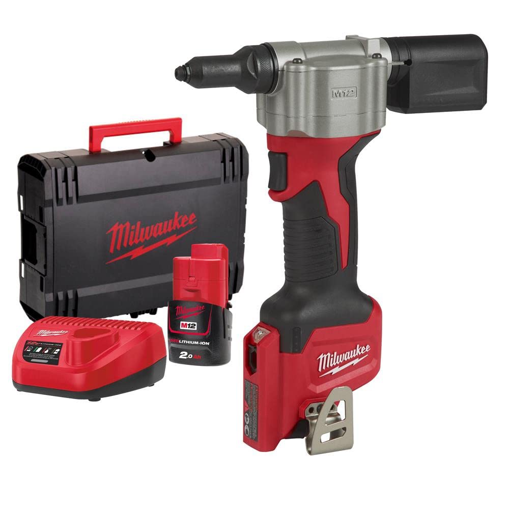 Milwaukee M12BPRT-201X Pop Rivet Tool Kit - Cordless Rivet Gun with Battery & Charger - Perfect for Metalworking, Automotive Repairs & DIY Projects