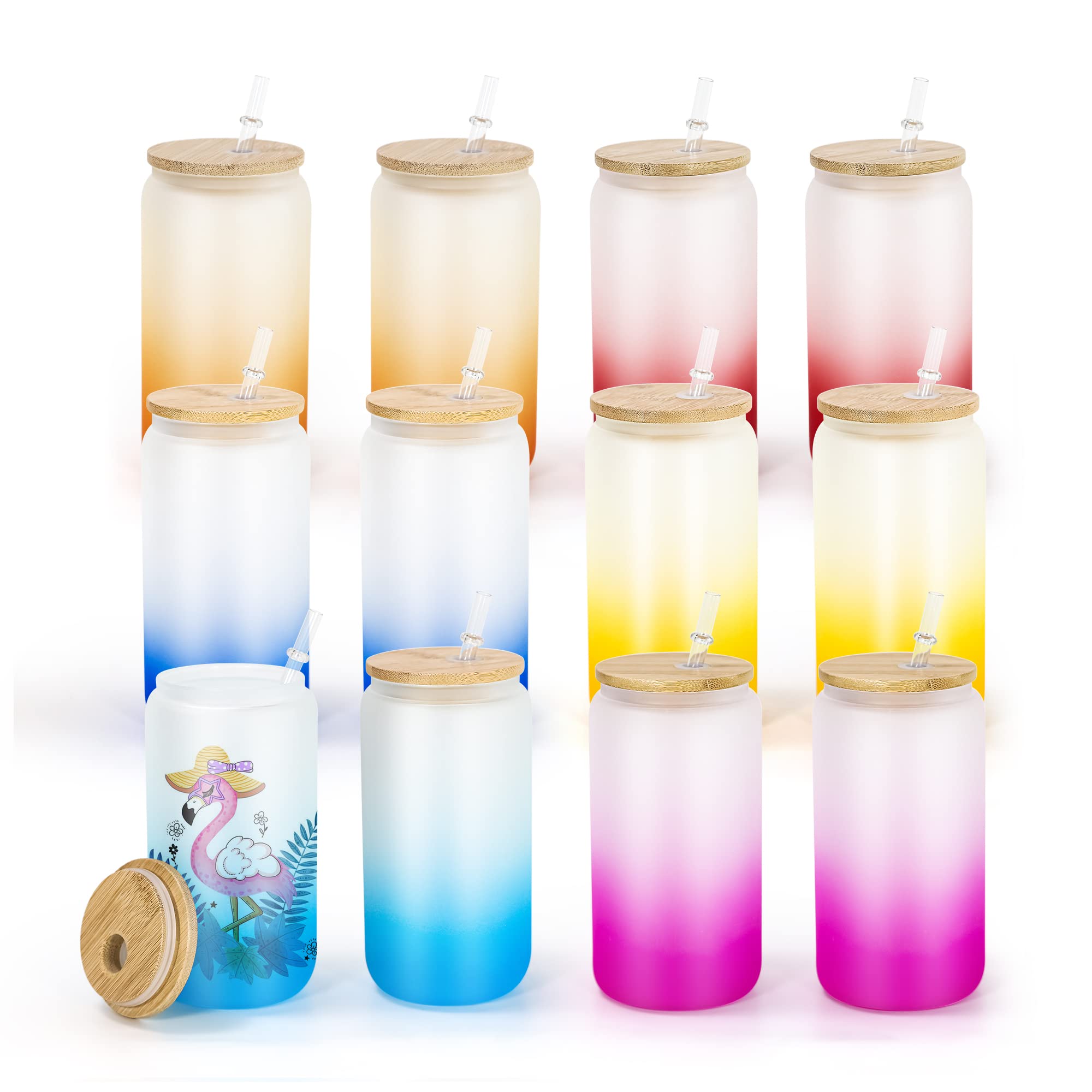 16oz Sublimation Glass Cups with Lids & Straws - 12 Pack Gradient Color Beer Can Tumblers, BPA-Free Reusable Coffee Mugs - Perfect for Iced Coffee, Smoothies, and Outdoor Parties