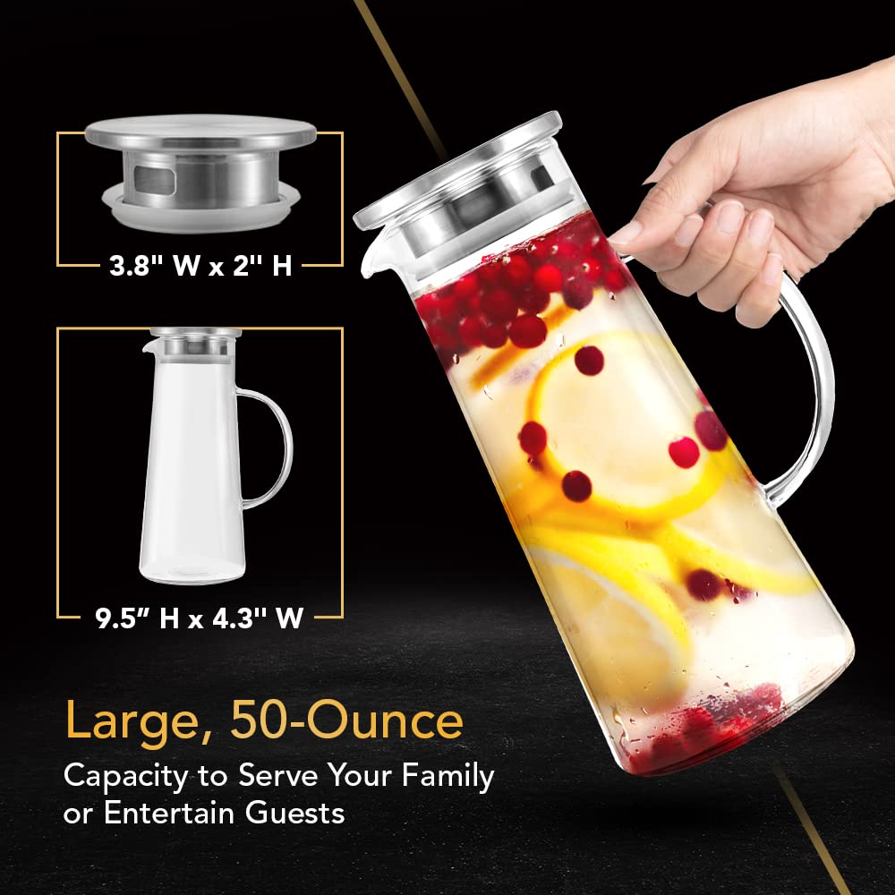 2-Pack Heat Resistant Glass Pitcher with Lid & Spout - 50oz Stainless Steel Lid Carafe for Coffee, Juice, Iced Tea & Water | Perfect for Entertaining, Restaurants & Home Kitchen Use