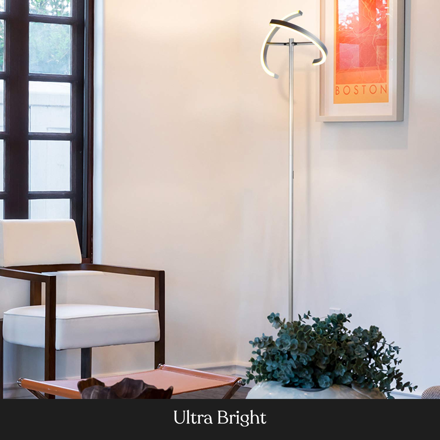 Brightech Halo Split LED Floor Lamp - Dimmable Modern Torchiere Standing Light for Office, Living Room & Bedroom - Adjustable Rotating Angles in Platinum Silver - Perfect for Reading, Working & Ambient Lighting