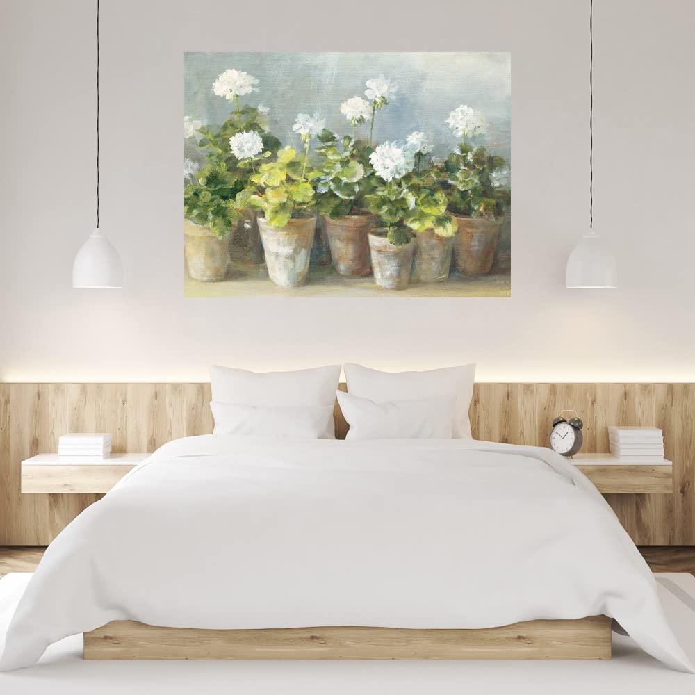 White Geraniums Floral Canvas Wall Art - Hand Painted by Artist Danhui Nai - 32x24 Inch Ready to Hang Painting for Living Room, Bedroom, Office Decor - Perfect for Home, Kitchen, Bathroom & Dining Room Wall Decoration