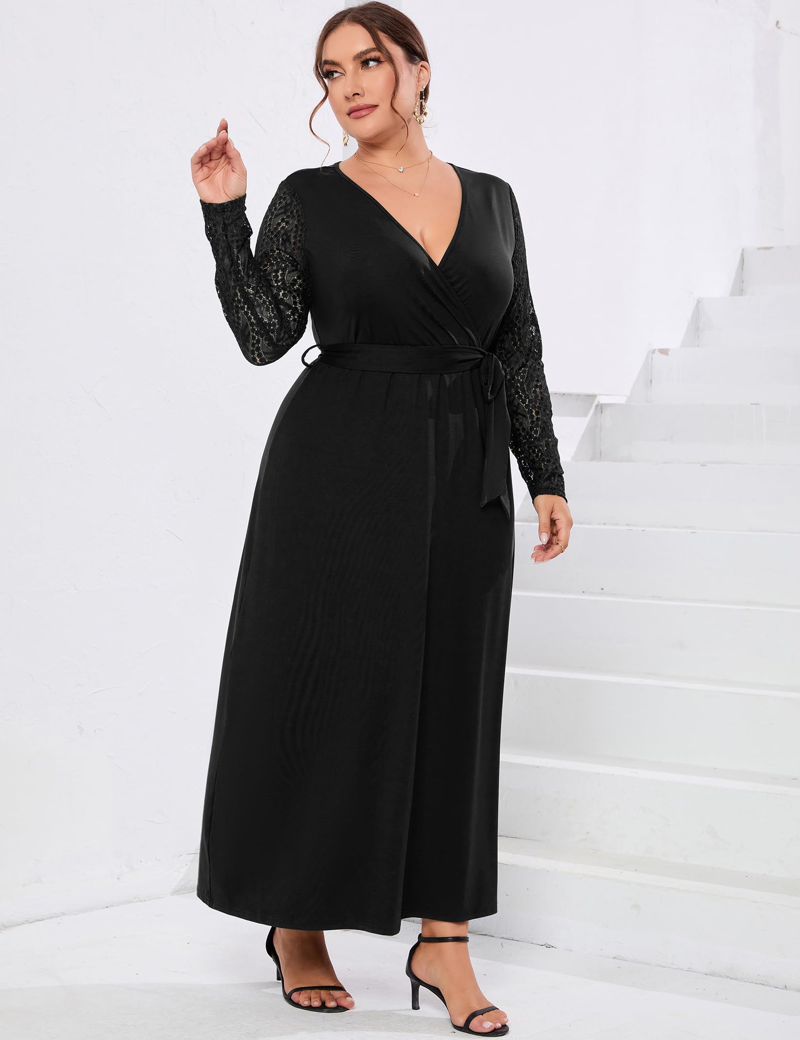 **ShopWonder Plus Size Summer Wrap Dress for Women - V Neck Lace Formal Maxi Dress for Wedding Guest, Beach Party & Special Occasions**