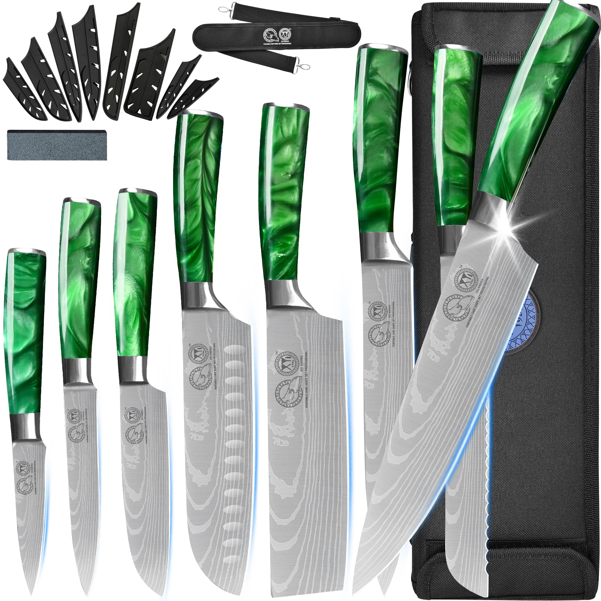Premium XYJ 12-Piece Stainless Steel Knife Set with Etched Blade - Chef, Utility, Santoku & Bread Knives - Ergonomic Handle & Storage Roll Bag (Green) - Perfect for Home Cooking, Camping & Professional Kitchens