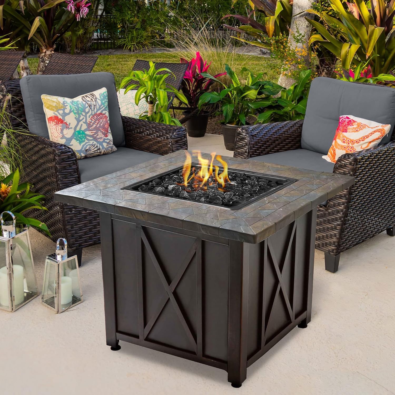 30,000 BTU Propane Fire Pit Table with Black Fire Glass - Outdoor Patio Heater for Backyard, Deck, and Garden Gatherings