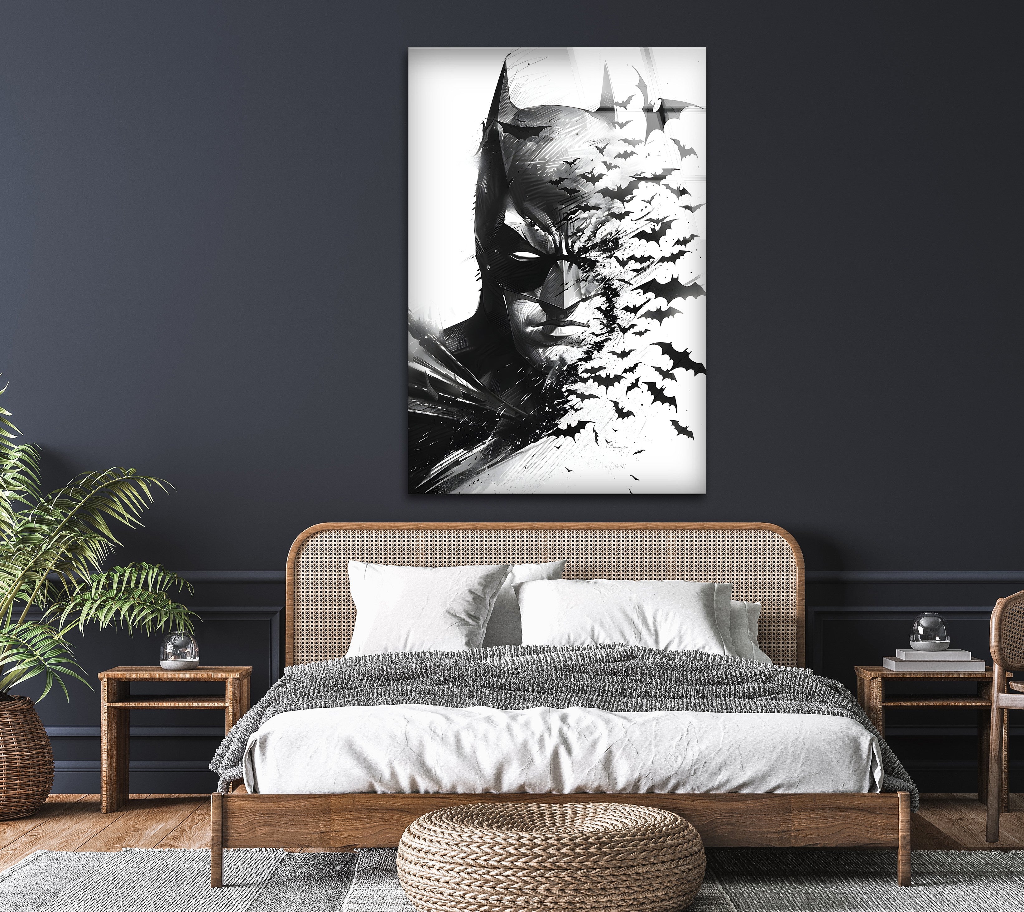 Batman Black and White Portrait Wall Art - Gothic Superhero Decor with Bats on Glass - Perfect for Man Cave, Home Theater & Superhero Bedroom Decor