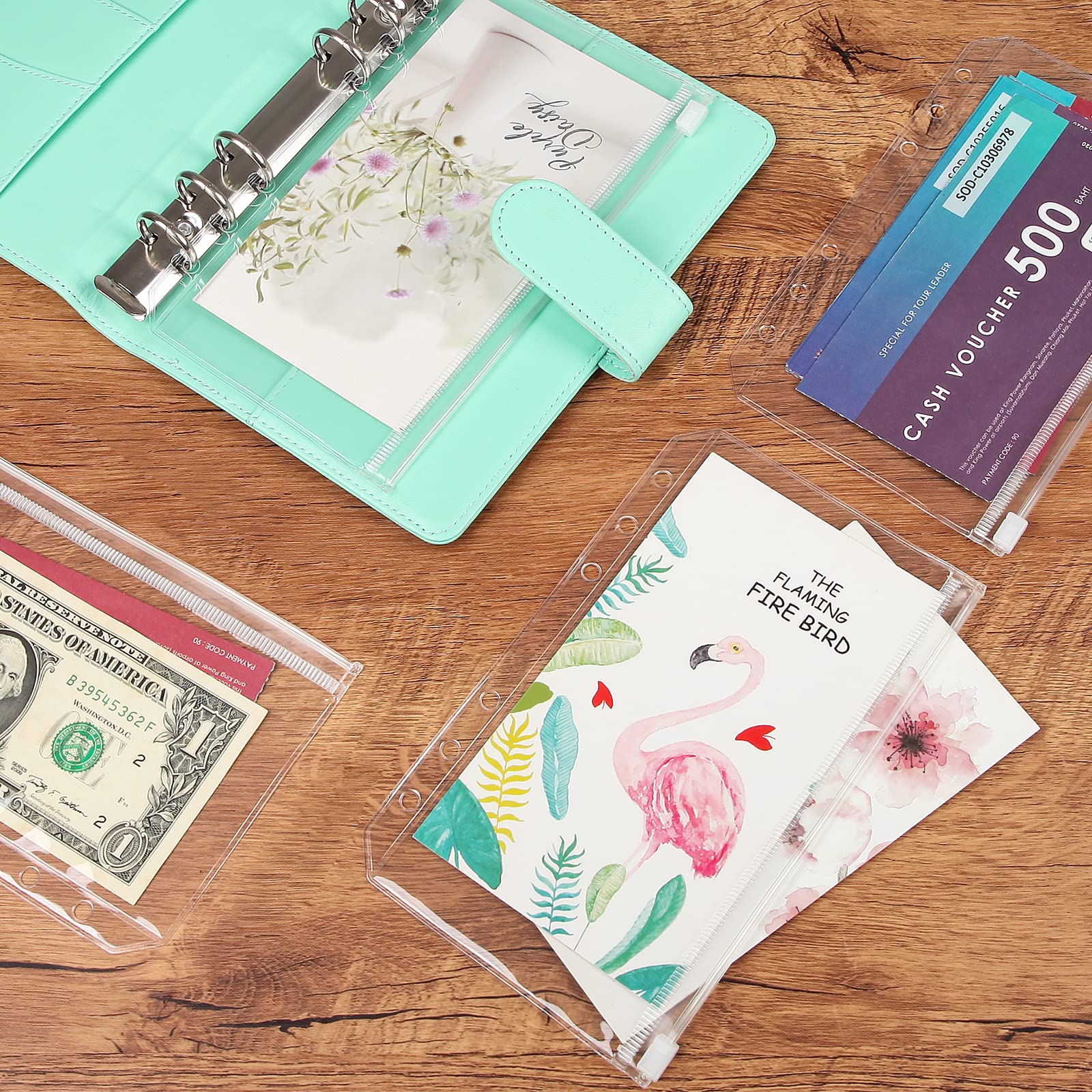 60pcs Transparent A6 Binder Pockets with Zipper - 6 Hole PVC Loose Leaf Folders, Waterproof Cash Envelopes for Budgeting, Organizer & Planner Inserts - Perfect for School, Office & Home Organization