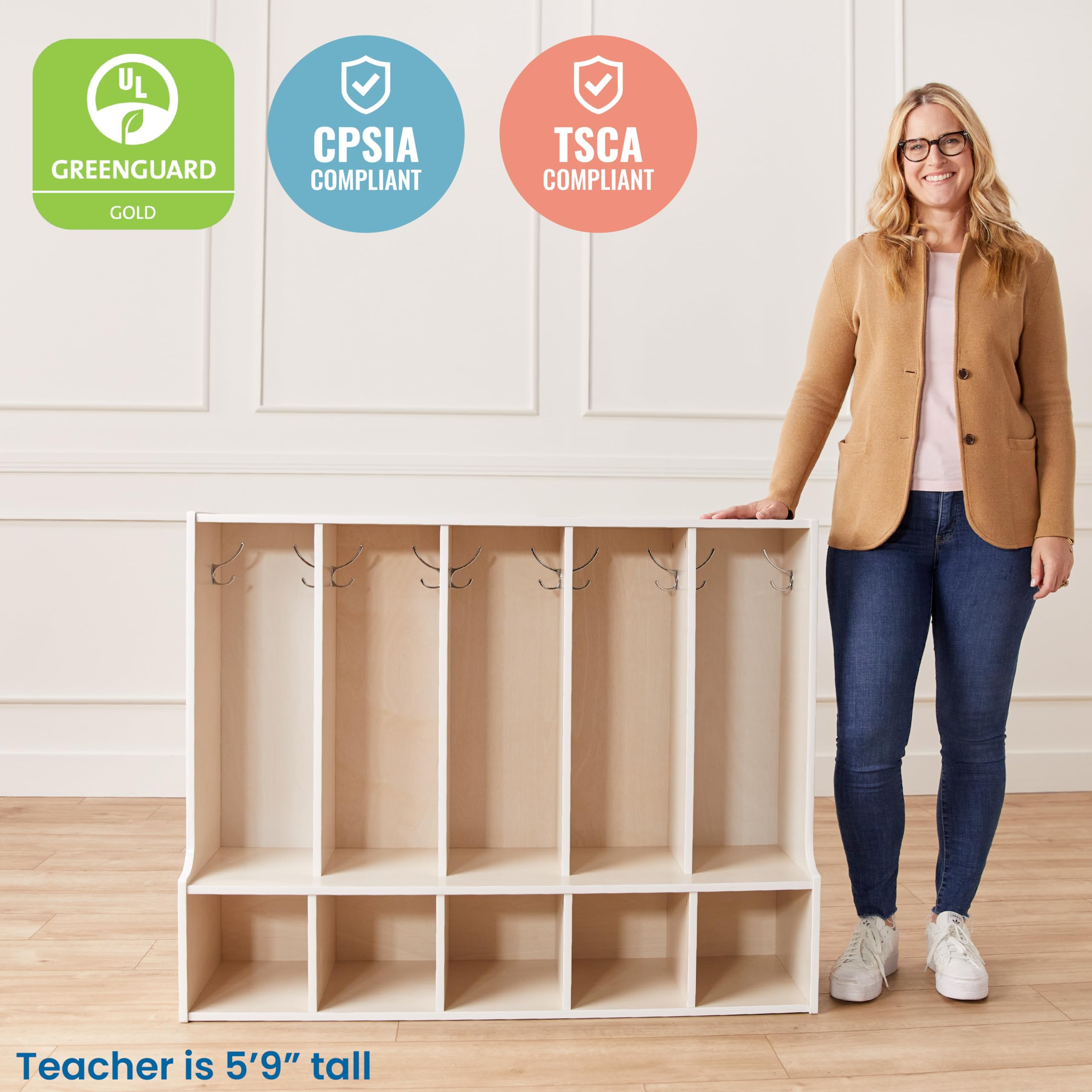 ECR4Kids White Wash 5-Section Toddler Coat Locker with Bench - Durable Classroom Storage Furniture for Preschool, Daycare & Home Entryway Organization