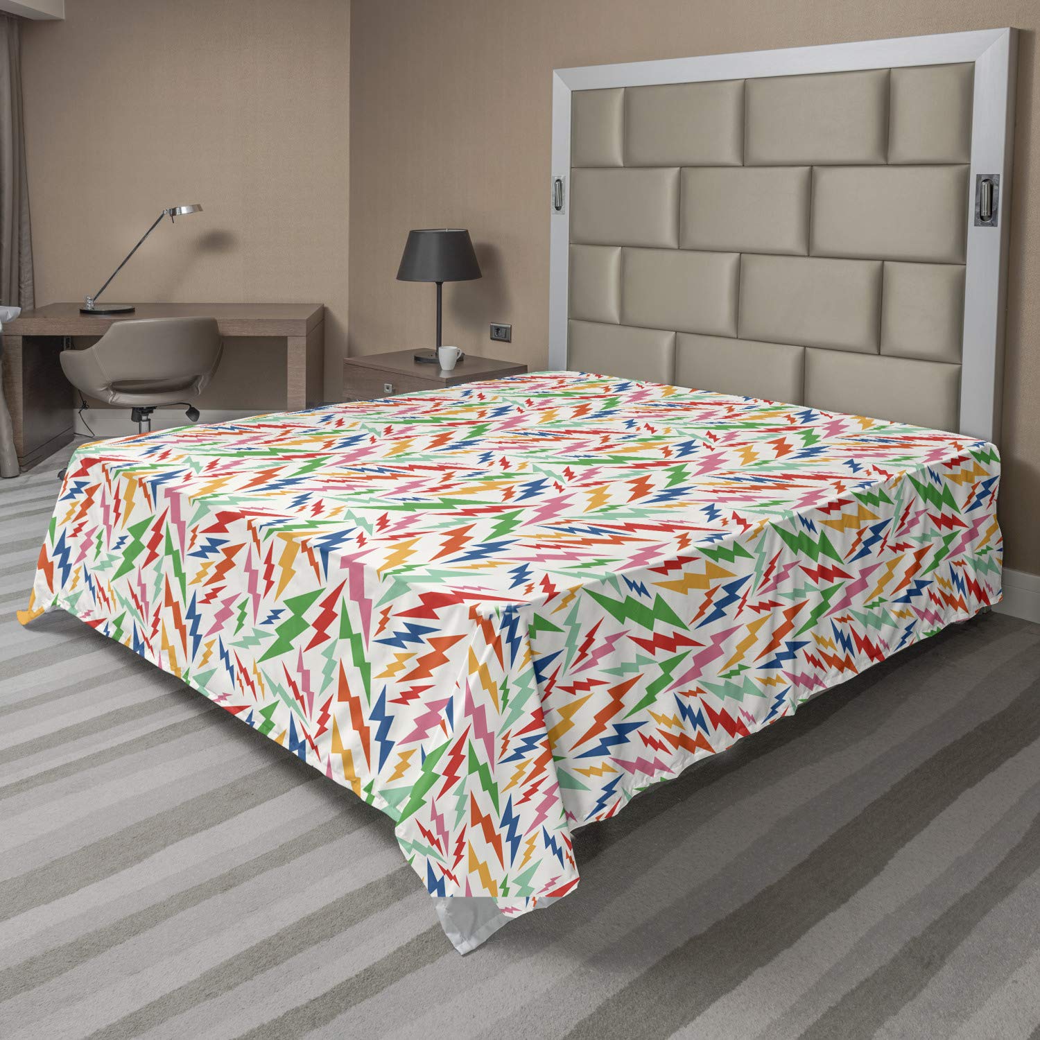 Ambesonne Queen Flat Sheet - Colorful Hipster Thunder Bolt Design for Teens | Soft Bedding for Youth Rooms