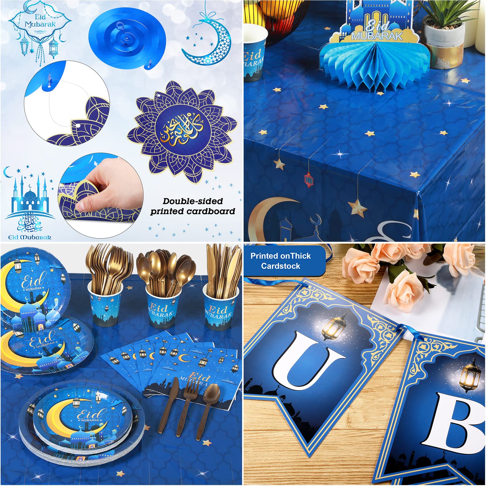 Eid Mubarak Party Supplies Set - 24-Piece Ramadan Tableware Kit with Plates, Napkins, Cups, Cutlery, Banner & Tablecloths - Blue Muslim Celebration Decor for Iftar Dinners & Family Gatherings